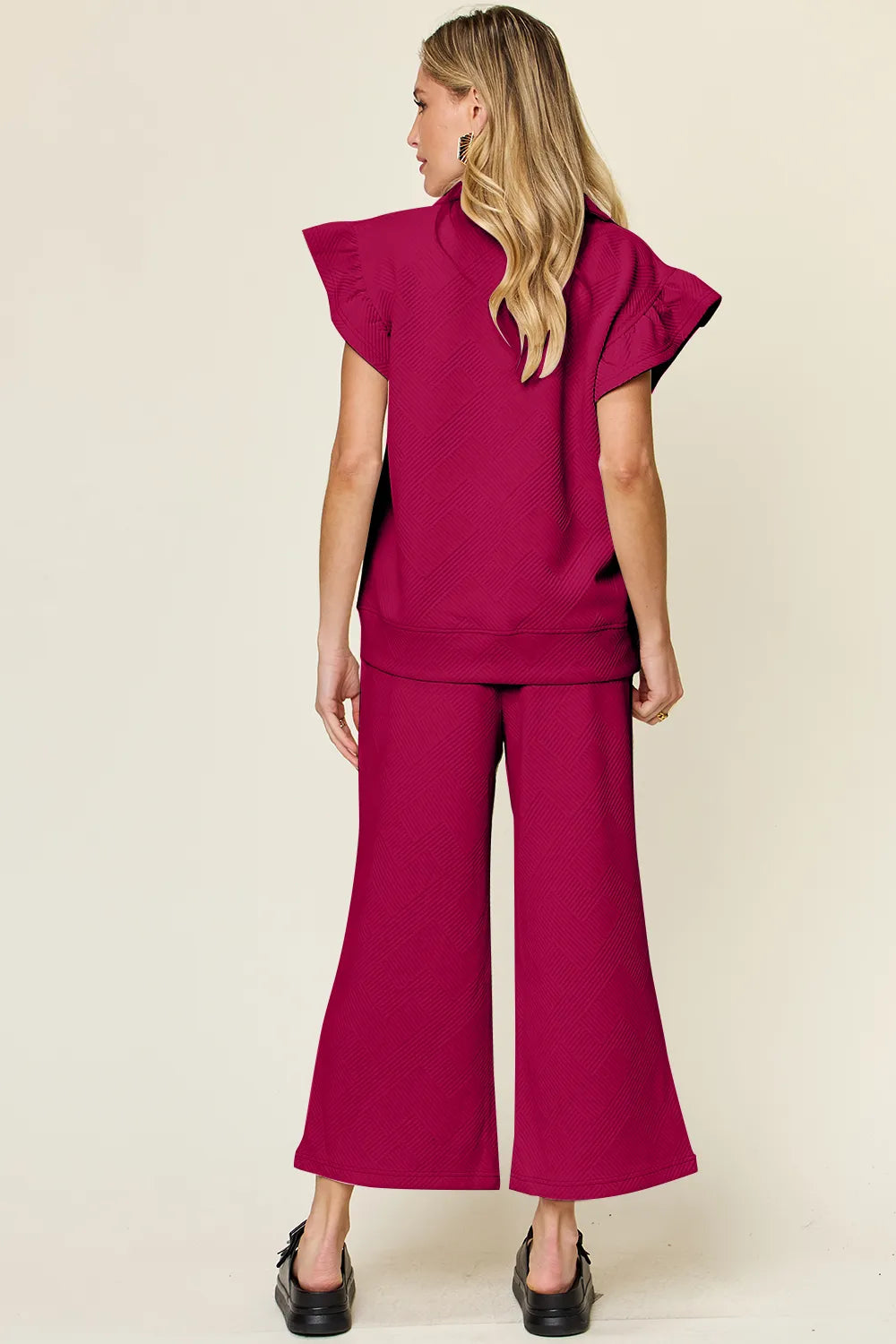 Double Take Ruffle Top and Wide Leg Pants Set, view 26