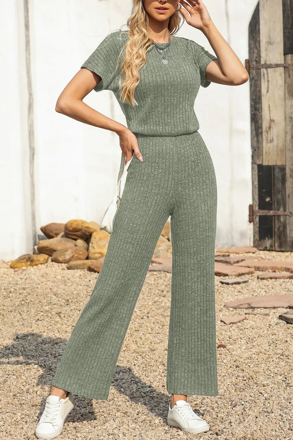 Ribbed Short Sleeve Wide Leg Jumpsuit - Fashorio