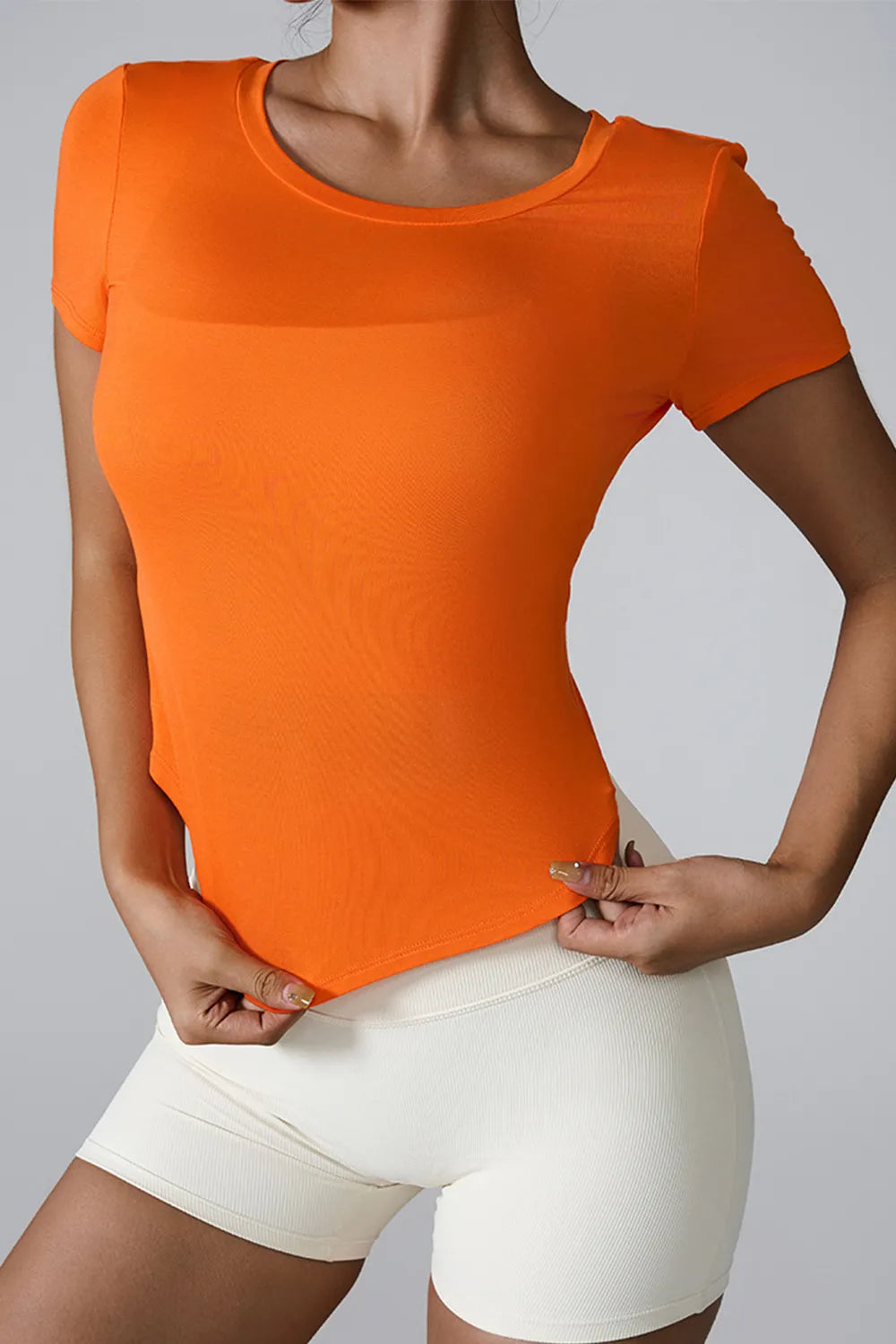 Cutout Round Neck Short Sleeve Active T-Shirt Orange - Fashorio