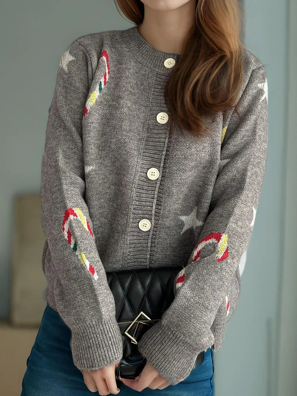 Candy Cane & Star Button Down Long Sleeve Cardigan - Fashorio