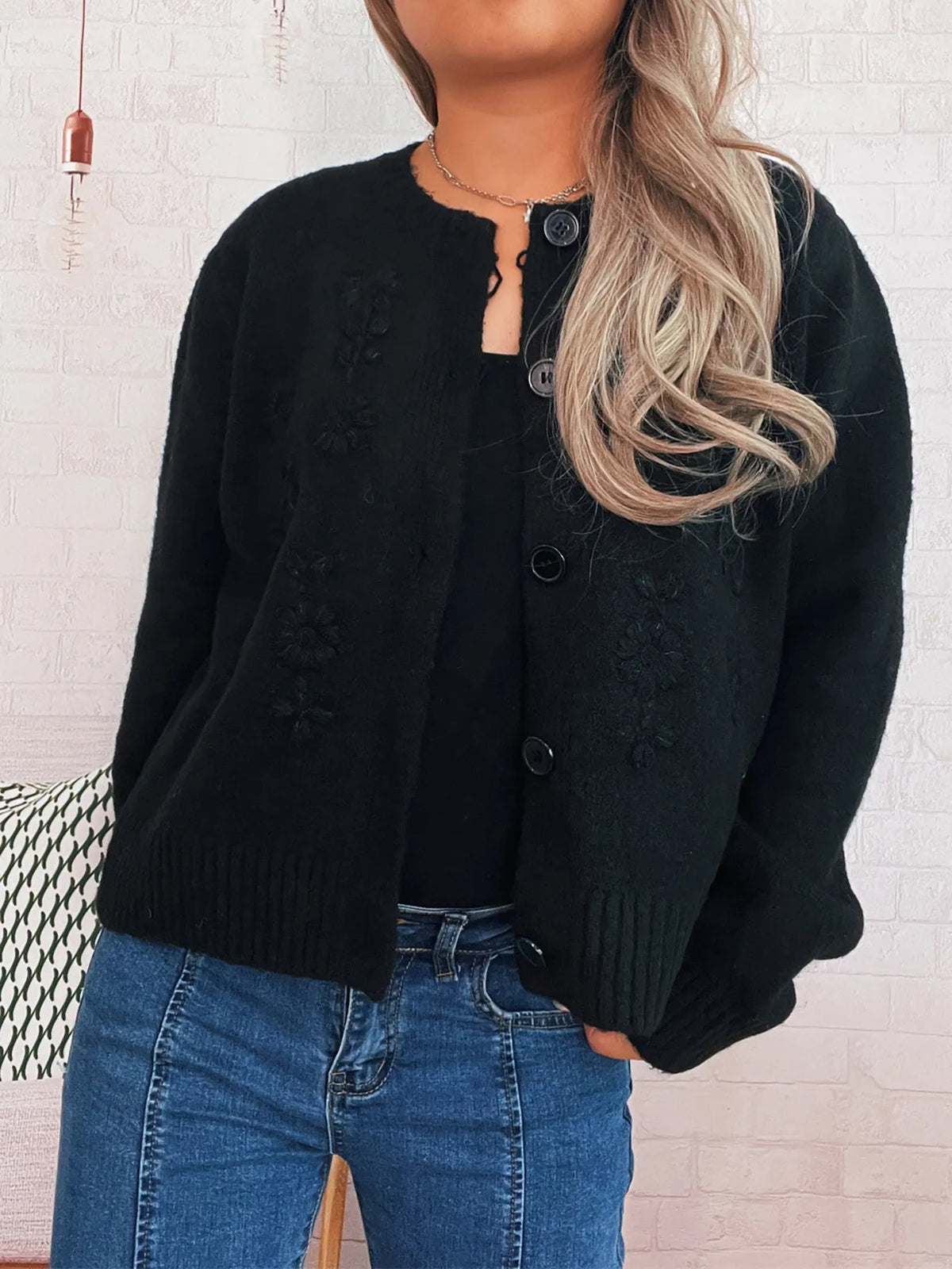 floral embroidered button up ribbed cardigan detail view