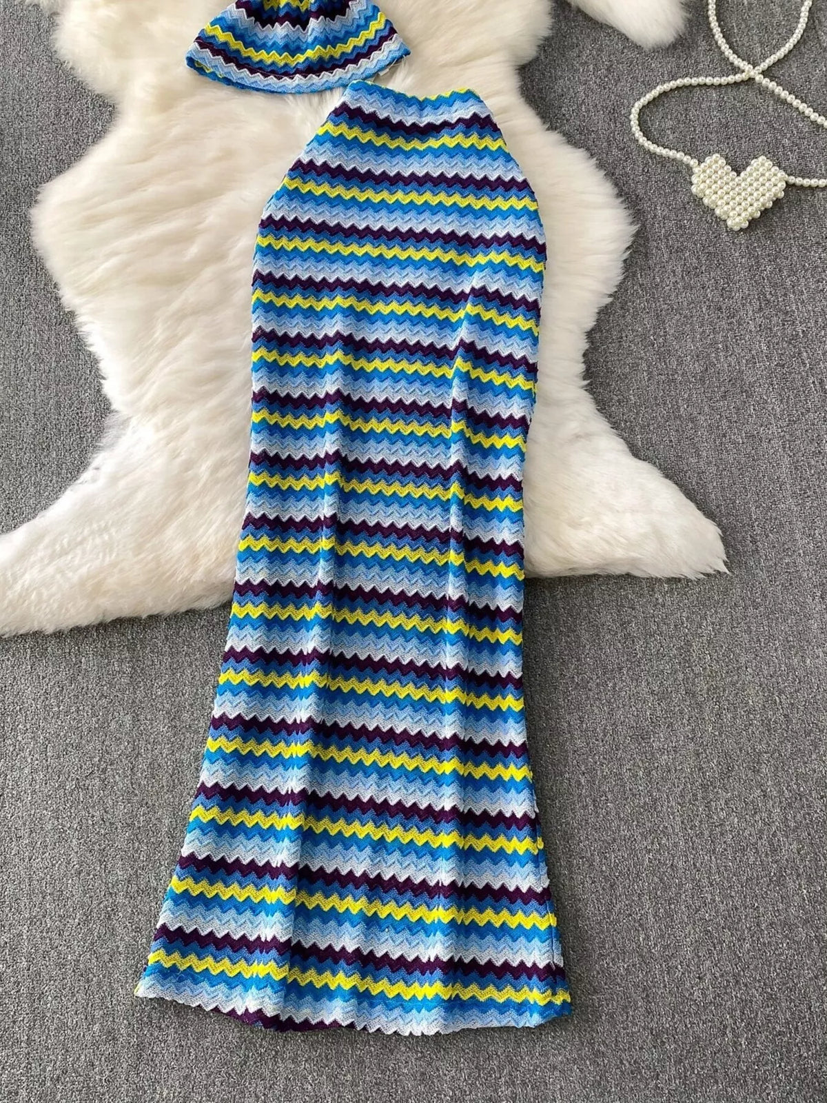 Maxi skirt detail of striped knit two piece set