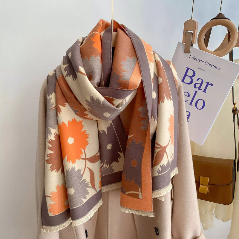 Floral print warm winter scarf wrapped at the neck