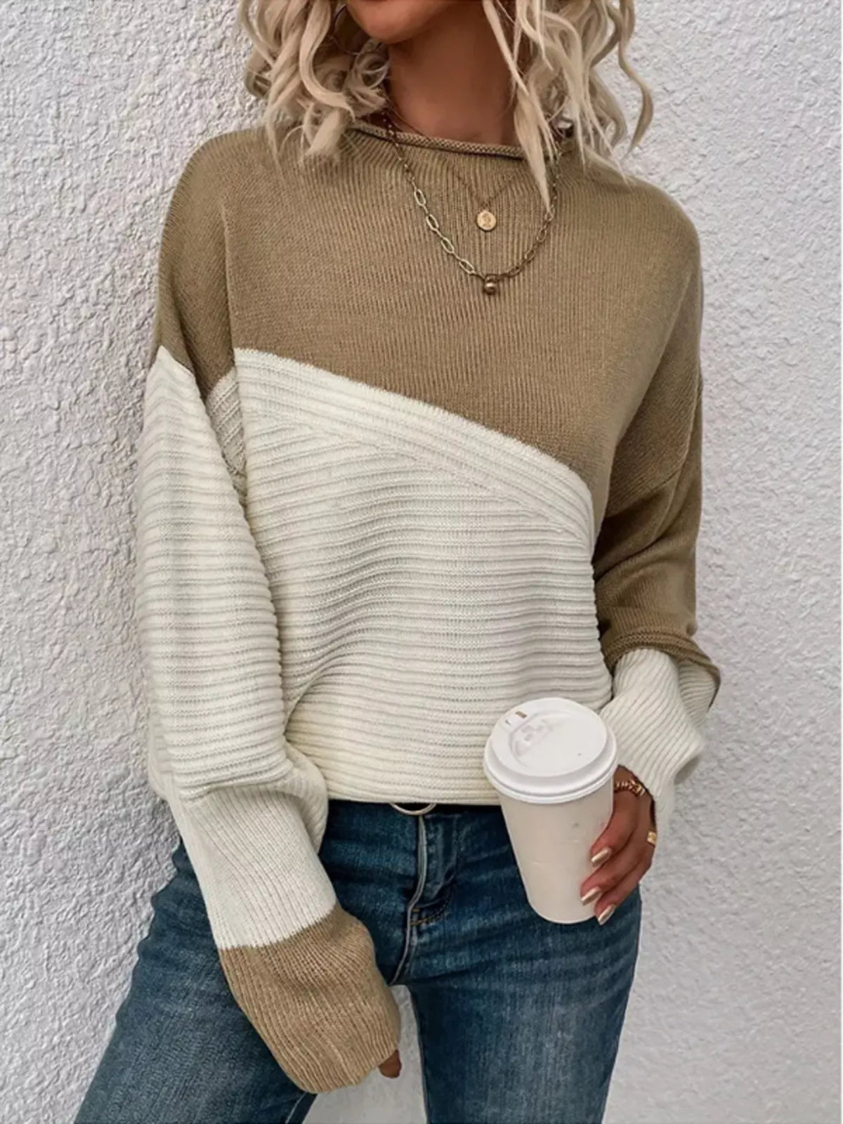 Color Block Ribbed Knit Sweater full outfit view