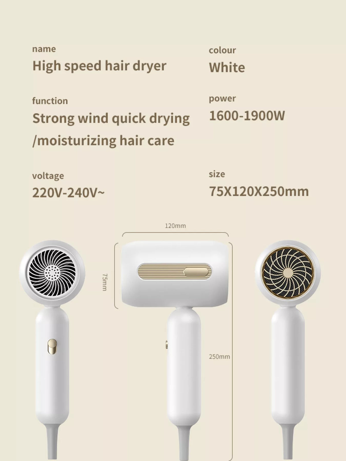 Portable hair dryer with power cord