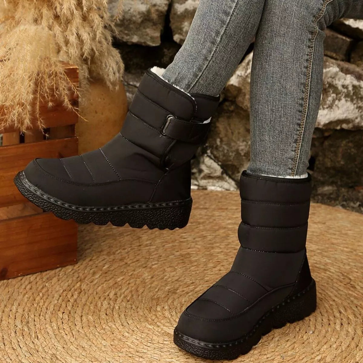 Round toe faux leather platform boots side profile