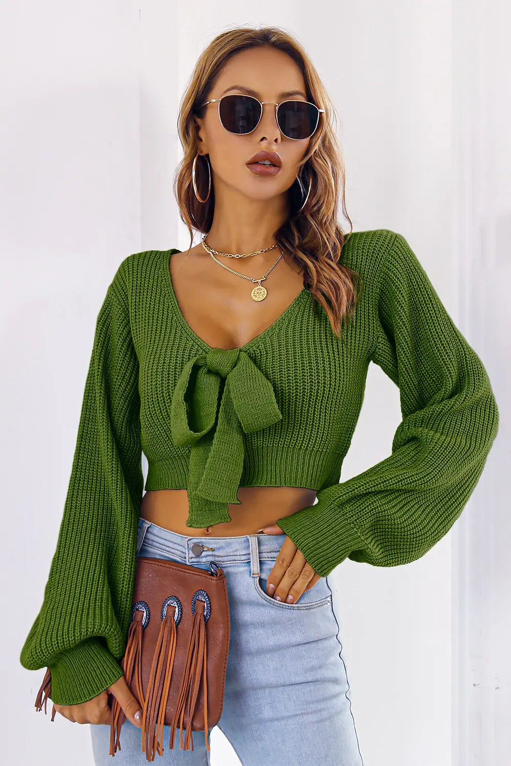 Bow V-Neck Long Sleeve Cropped Sweater - Fashorio