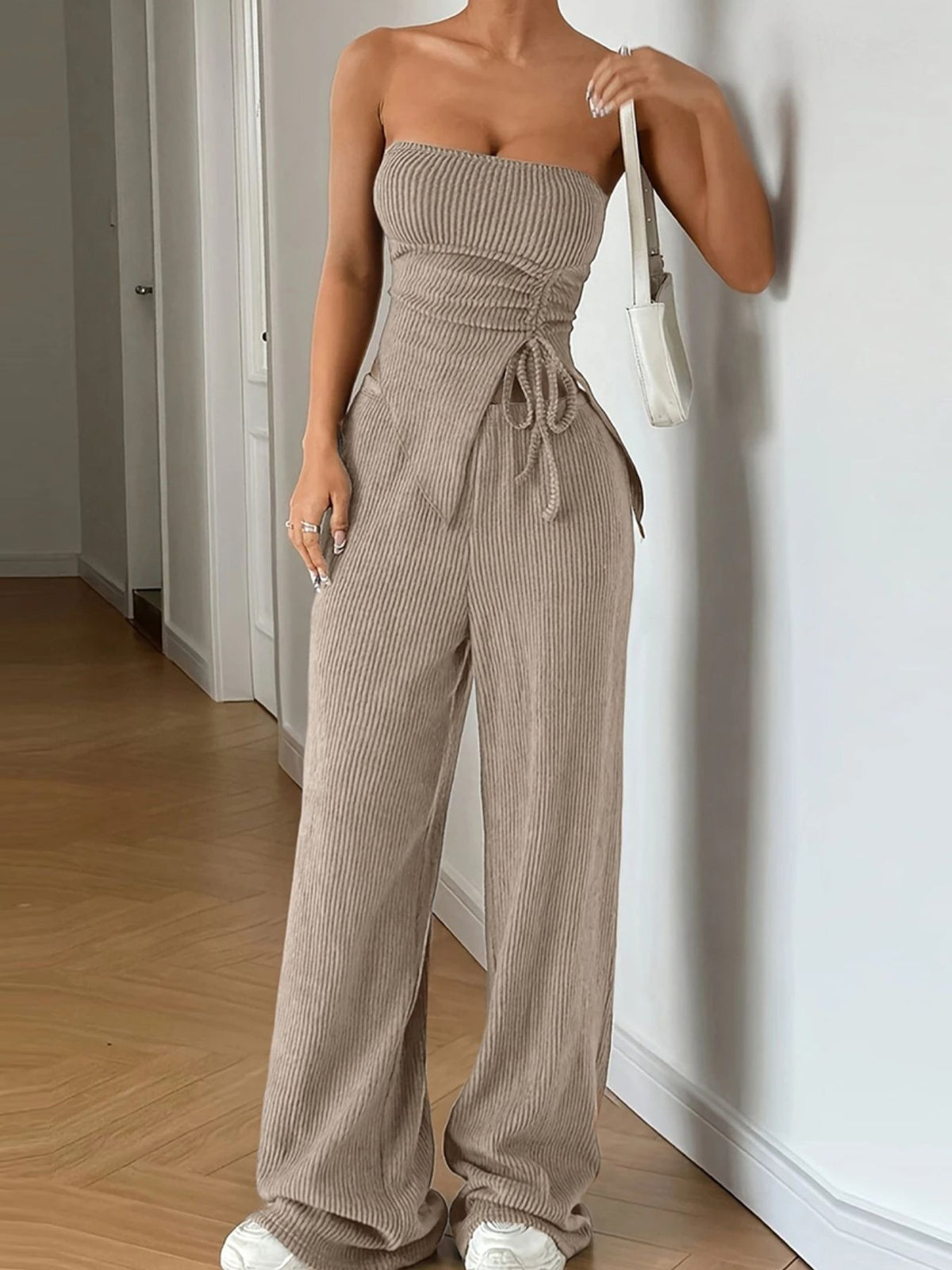 Ribbed tube top and wide leg pants two piece set front view