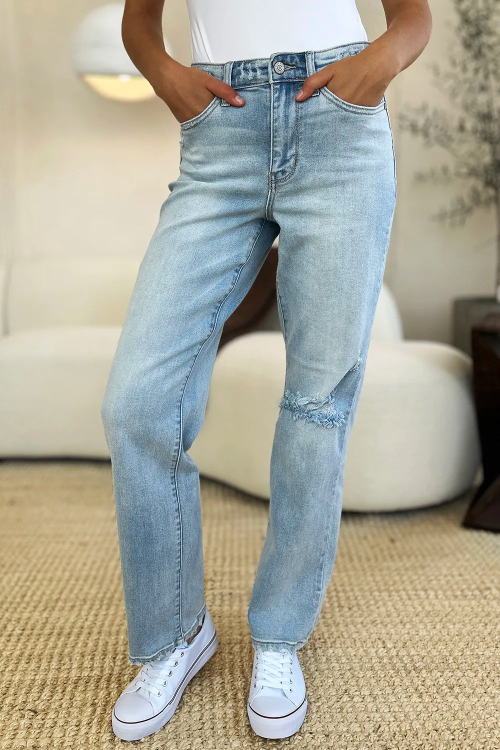 Judy Blue Full Size High Waist Distressed Straight Jeans - Fashorio