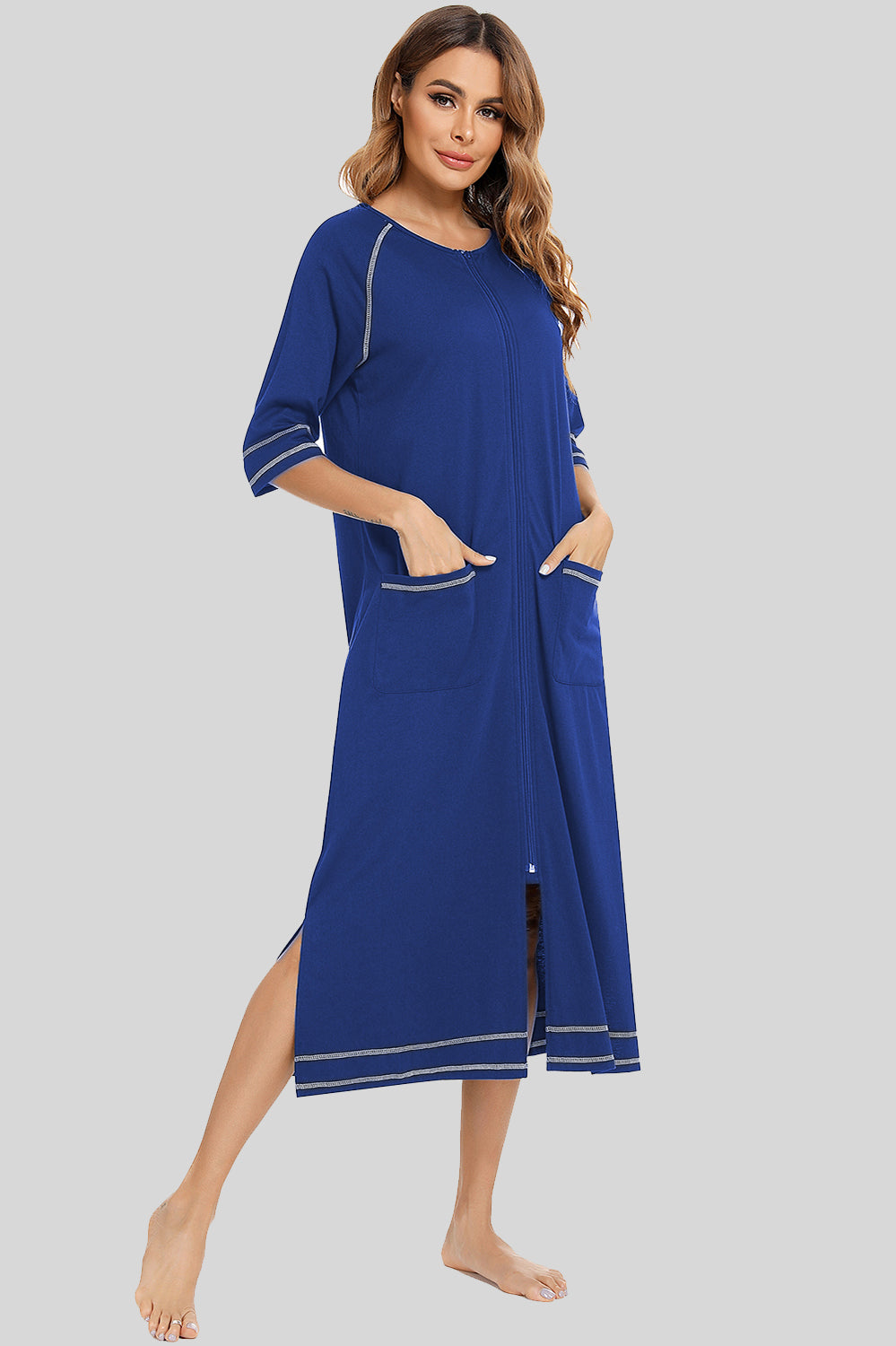 Zip Up Slit Round Neck Night Dress with Pockets Peacock Blue - Fashorio
