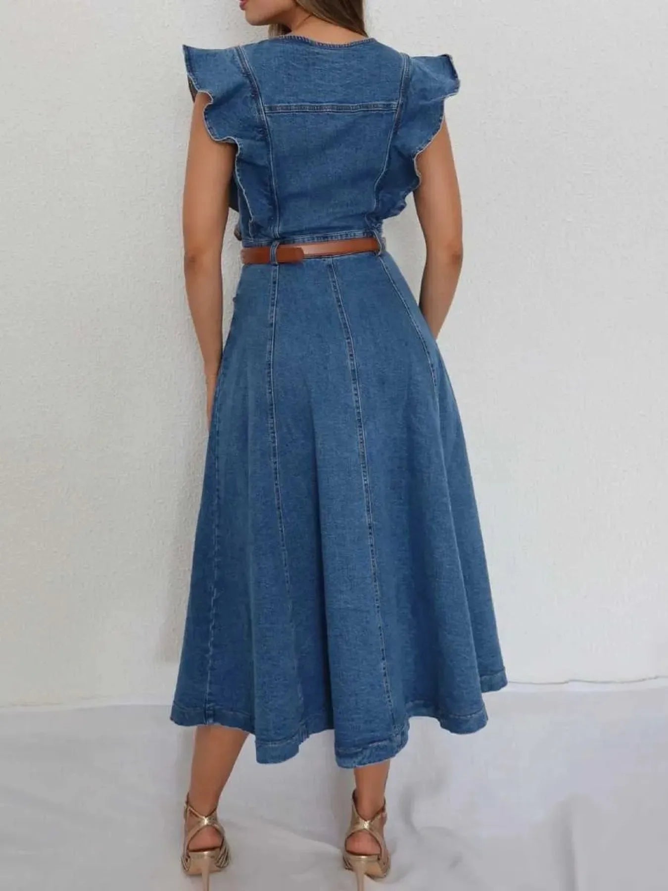 Button-Front Ruffle Sleeve Denim Midi Dress - Fashorio
