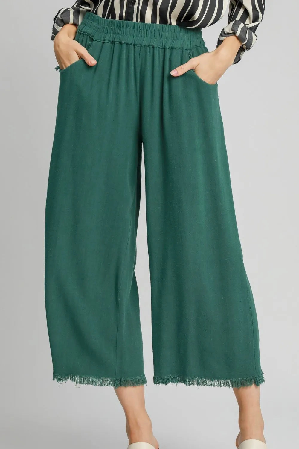 Umgee Full Size Linen Blend Elastic Waistband Wide Leg Pants Plus Size Dark Green - Fashorio