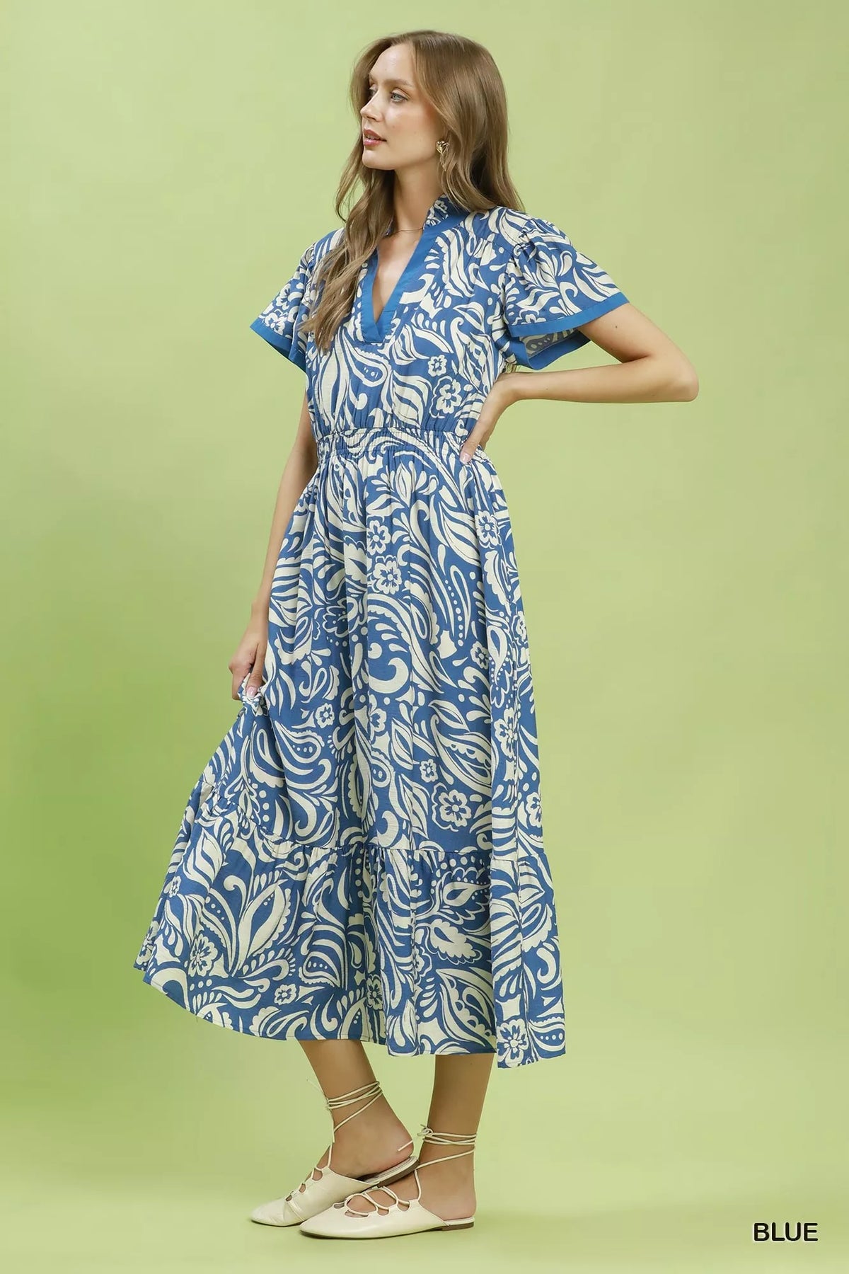 Blue paisley print midi dress side view