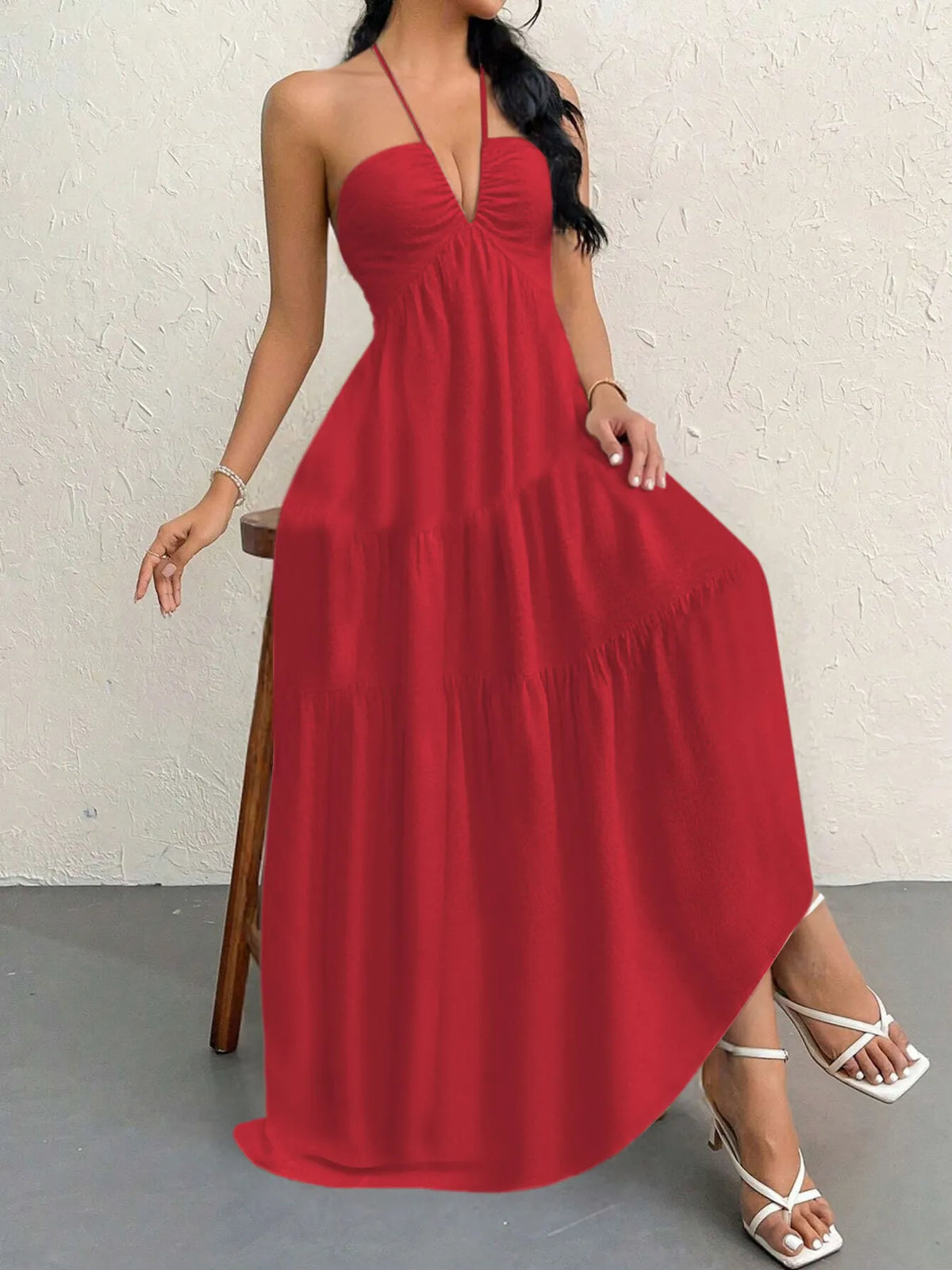 halter neck tiered backless maxi dress sleeve detail