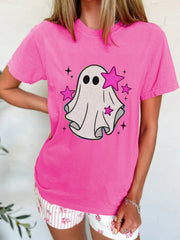 Ghost Graphic Halloween Round Neck T Shirt Hot Pink - Fashorio