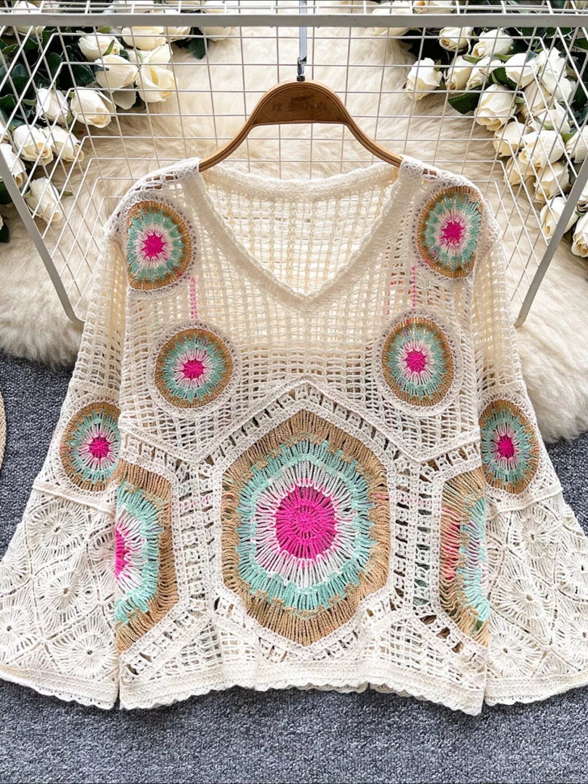 Crochet v neck knit cover up, back detail