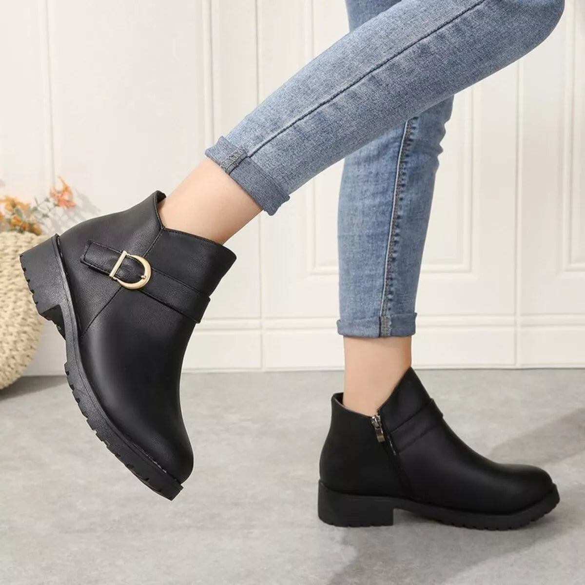 Buckle accent ankle boots back heel view