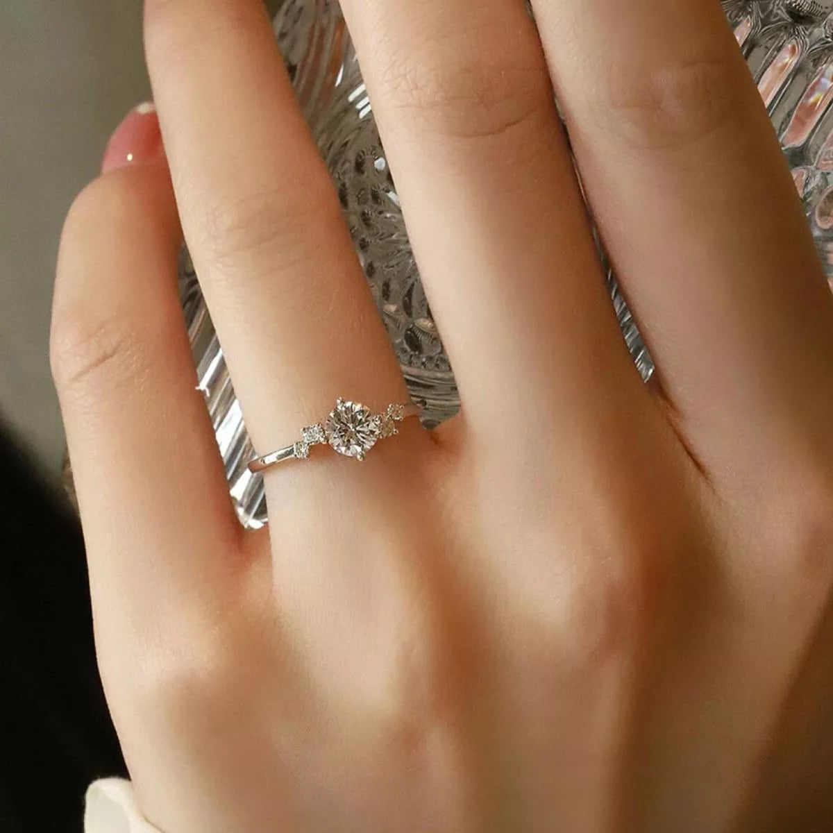 Top view of moissanite ring showing stone sparkle