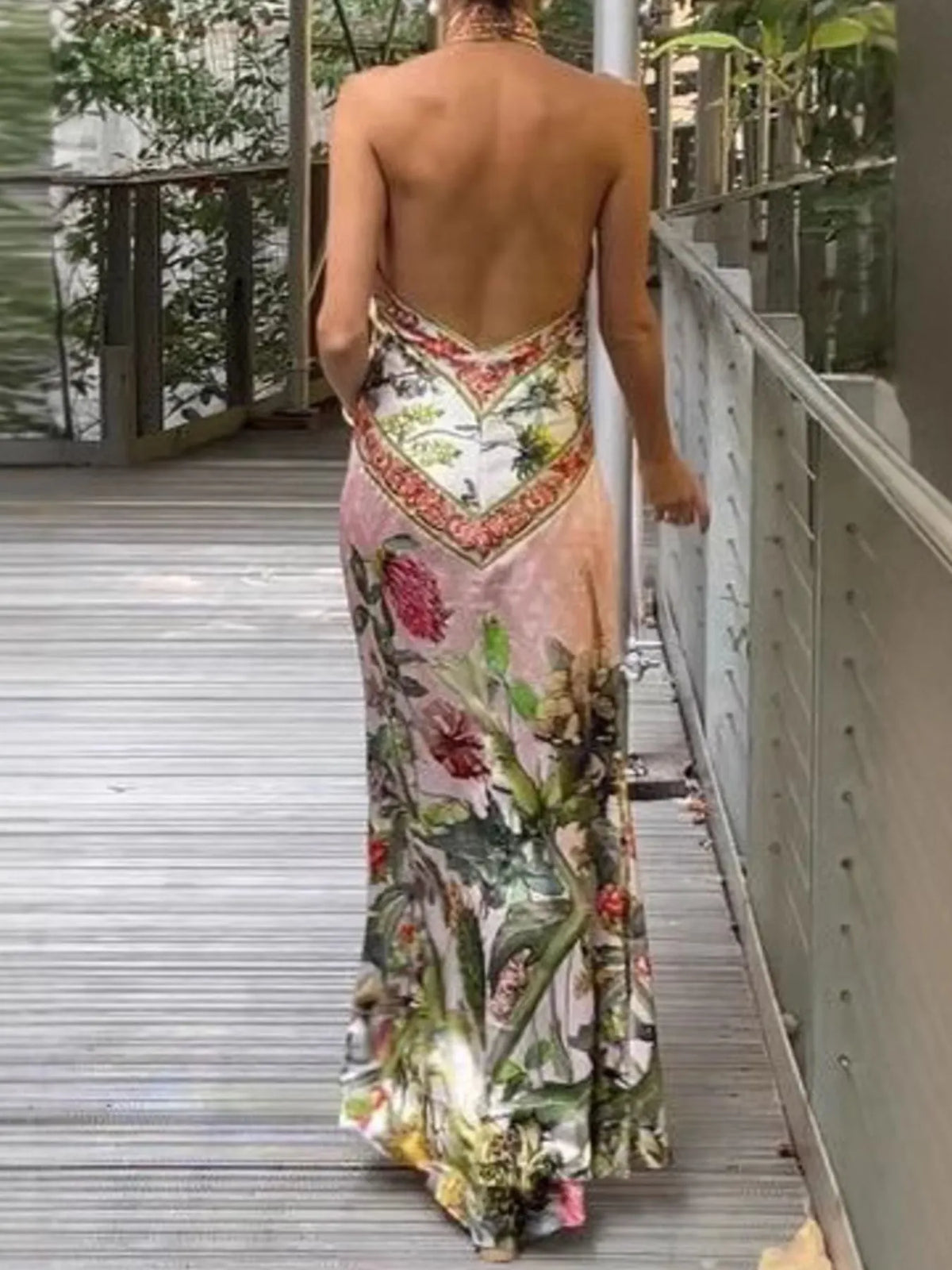 Printed Halter Backless Maxi Dress detail view