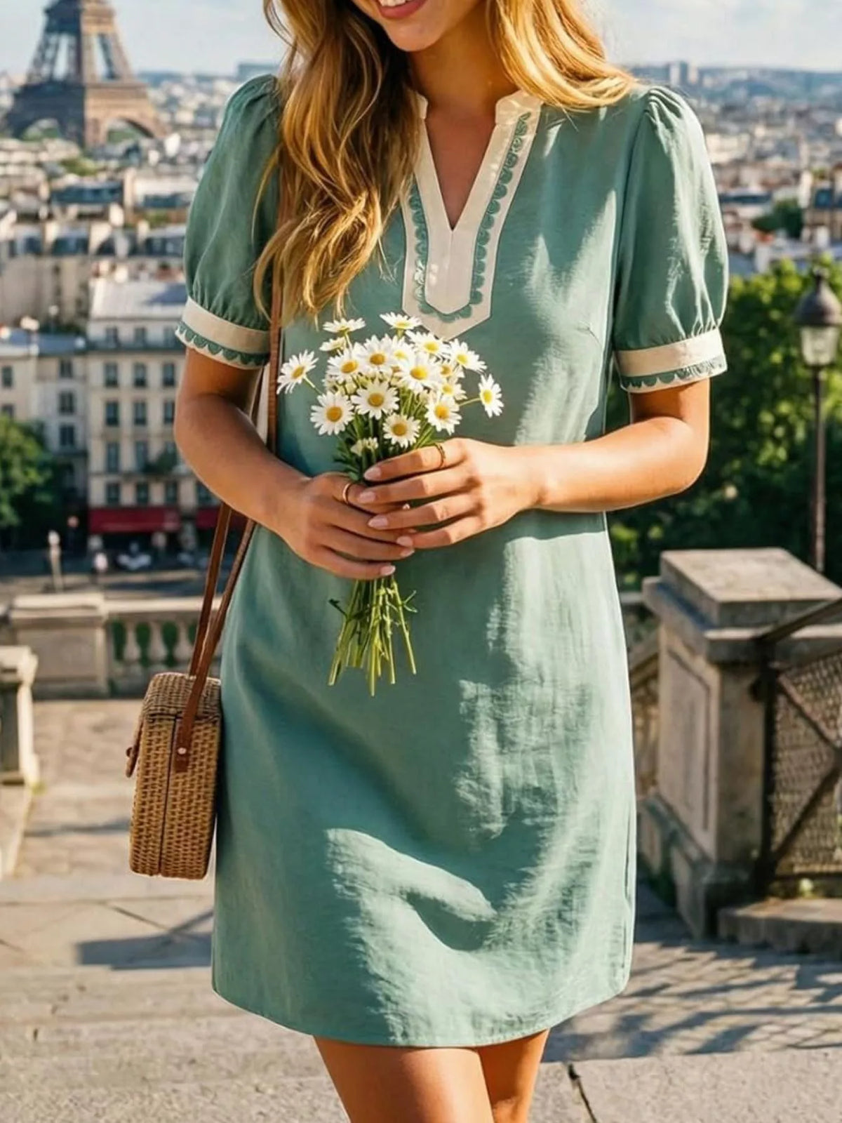 Mini dress styled with a shoulder bag