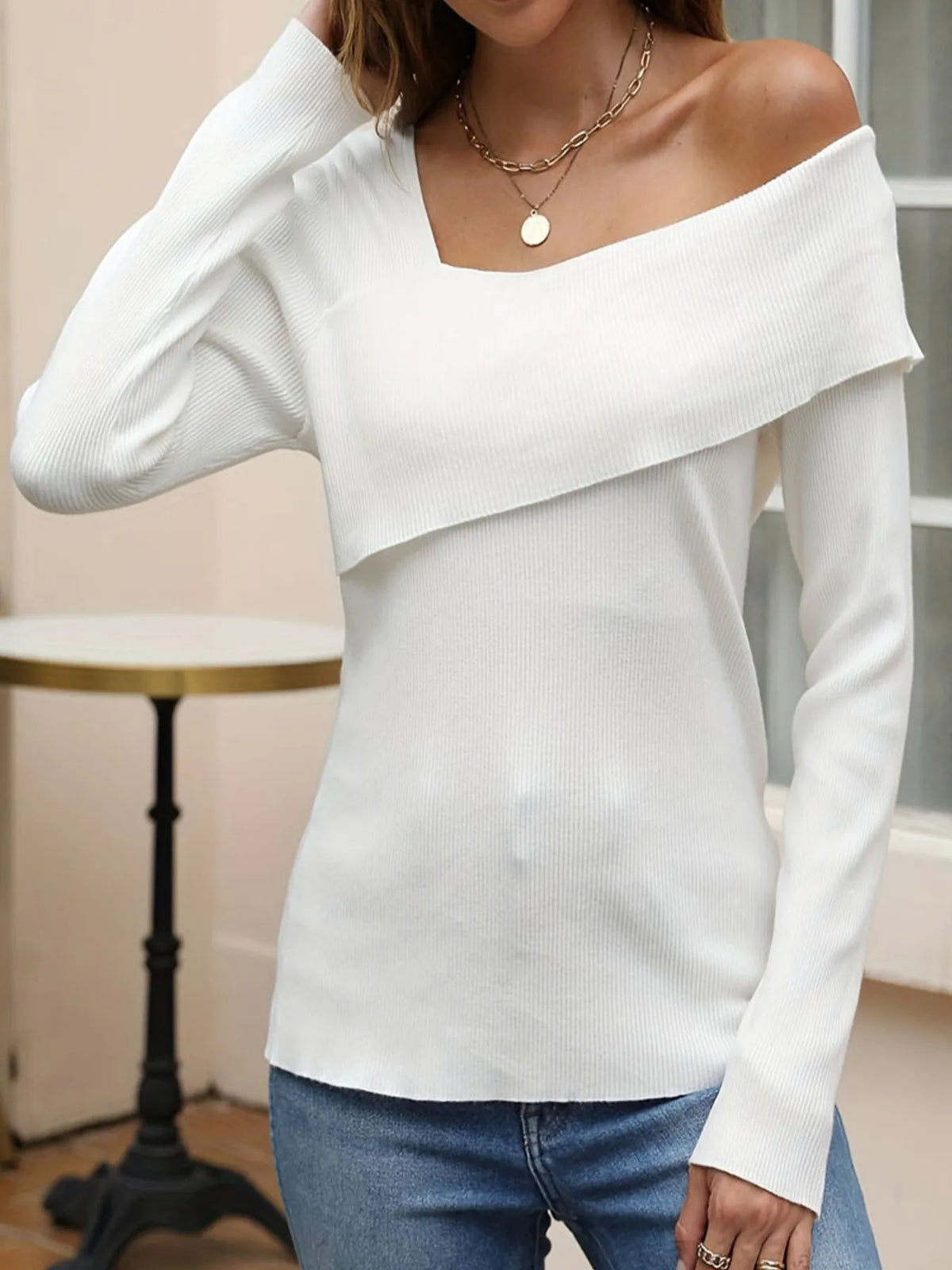 Asymmetrical one shoulder knit top, front view