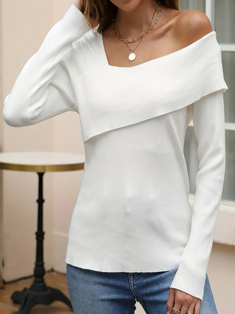 Asymmetrical one shoulder knit top, front view