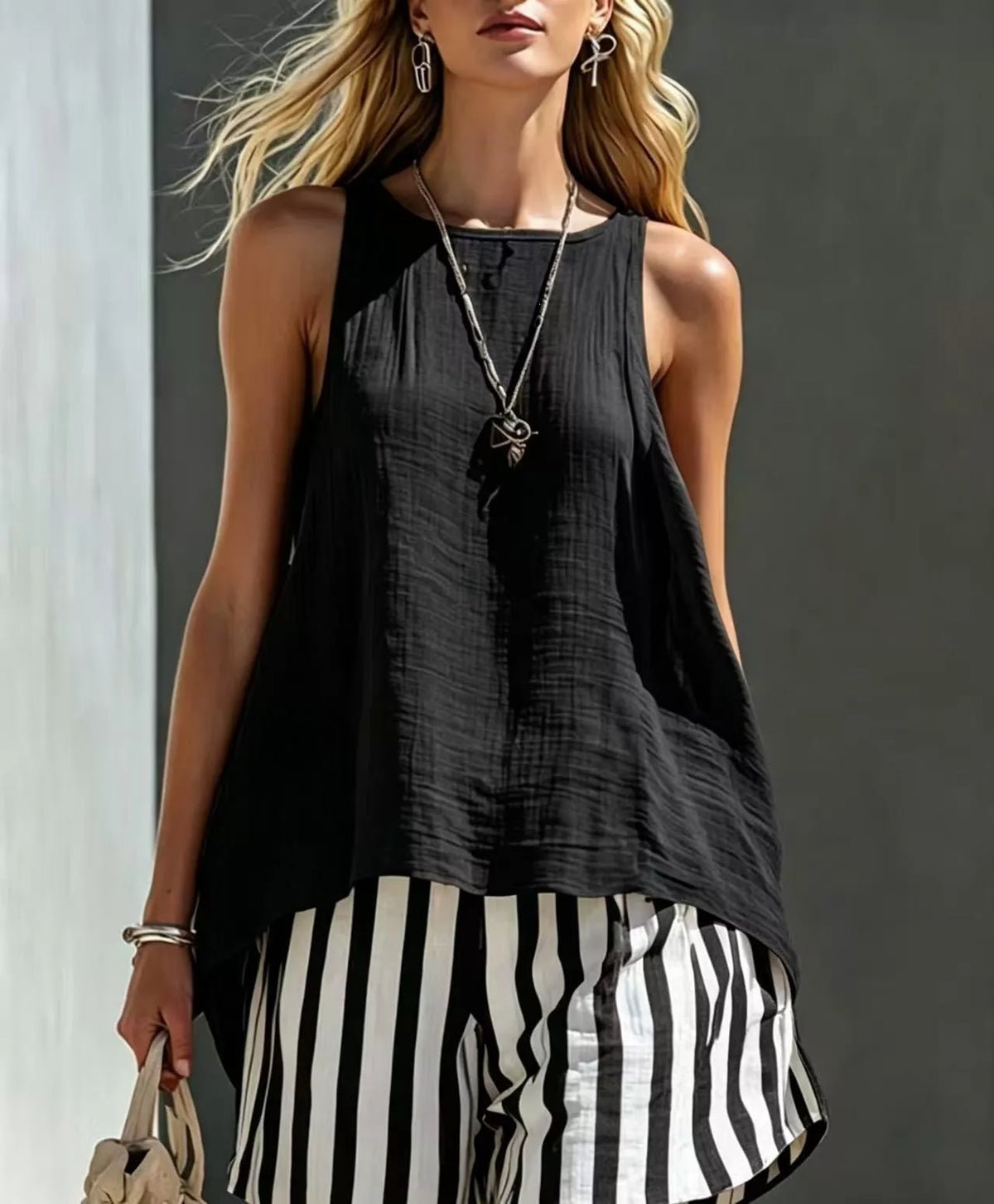 Round neck tank and striped shorts two piece set front view