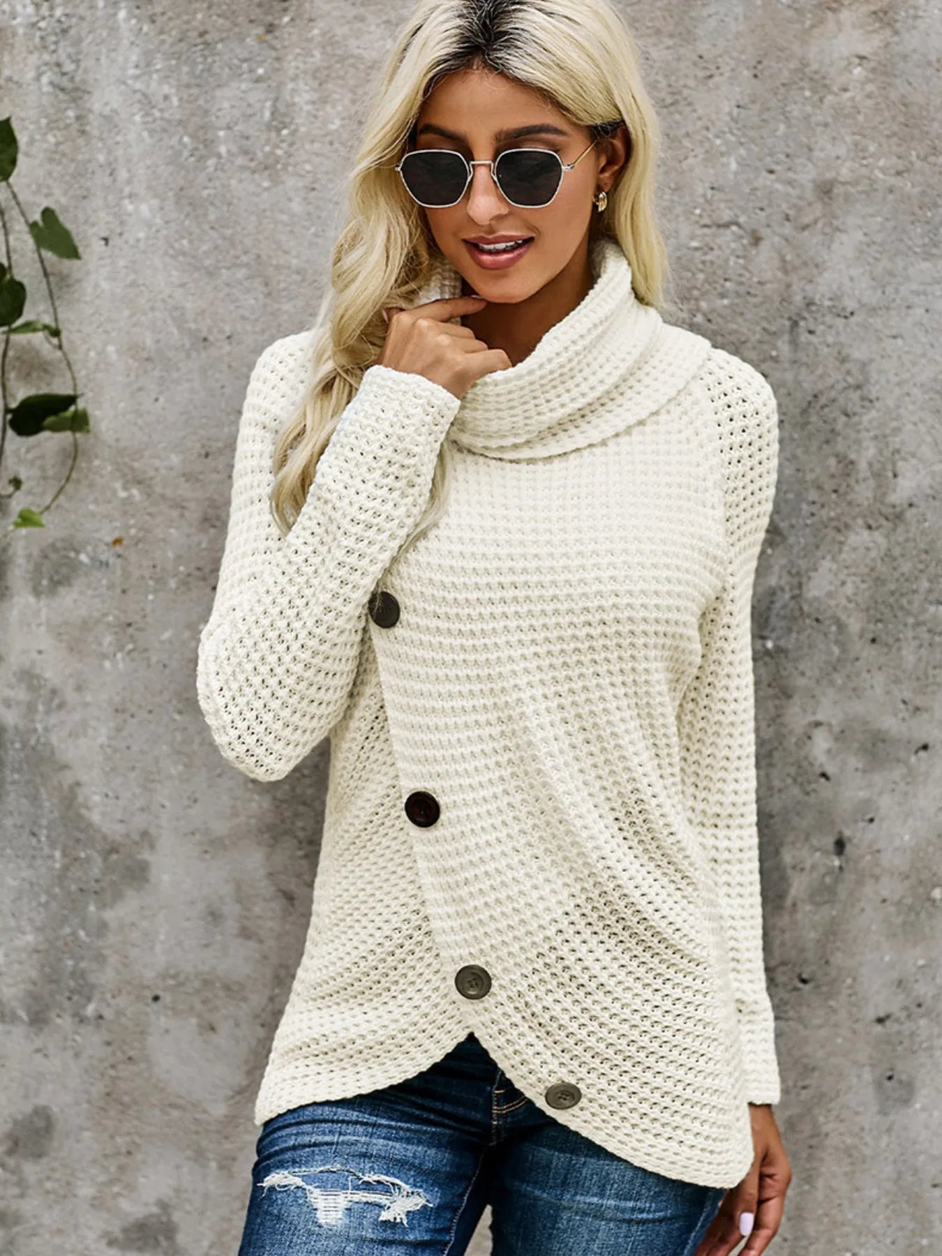 Full Size Texture Turtleneck Long Sleeve Sweater Plus Size White - Fashorio