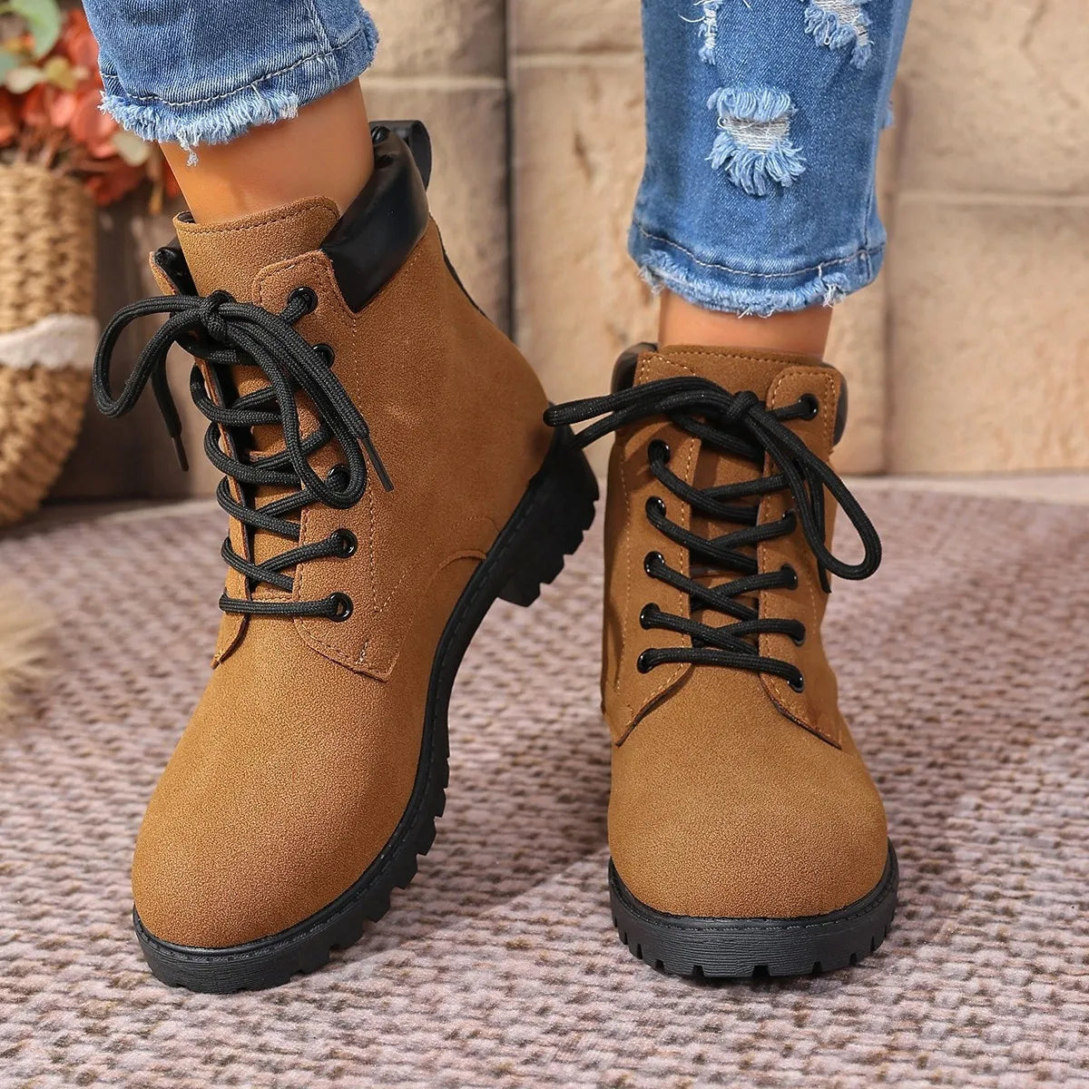 black lace up block heel boots toe close up