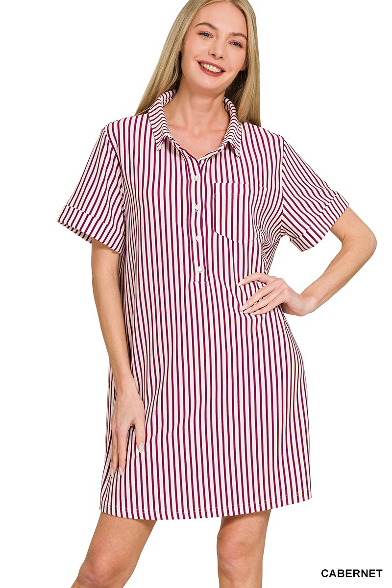 Stripe Collared Half Button Up T Shirts Dress