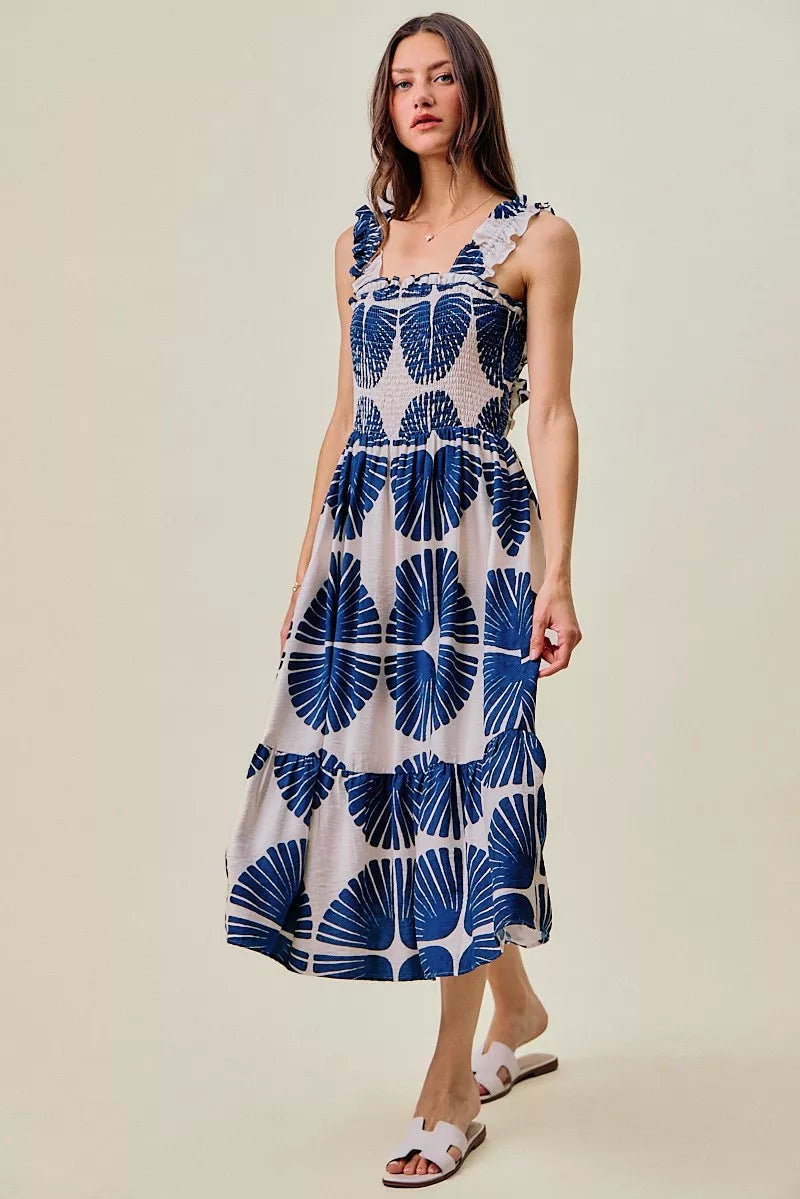 Navy abstract print smocked bodice tiered midi dress front view