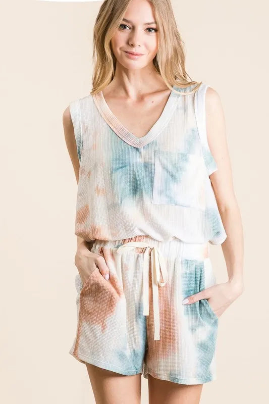 BiBi Tie Dye Textured Knit Top and Shorts Set - Fashorio