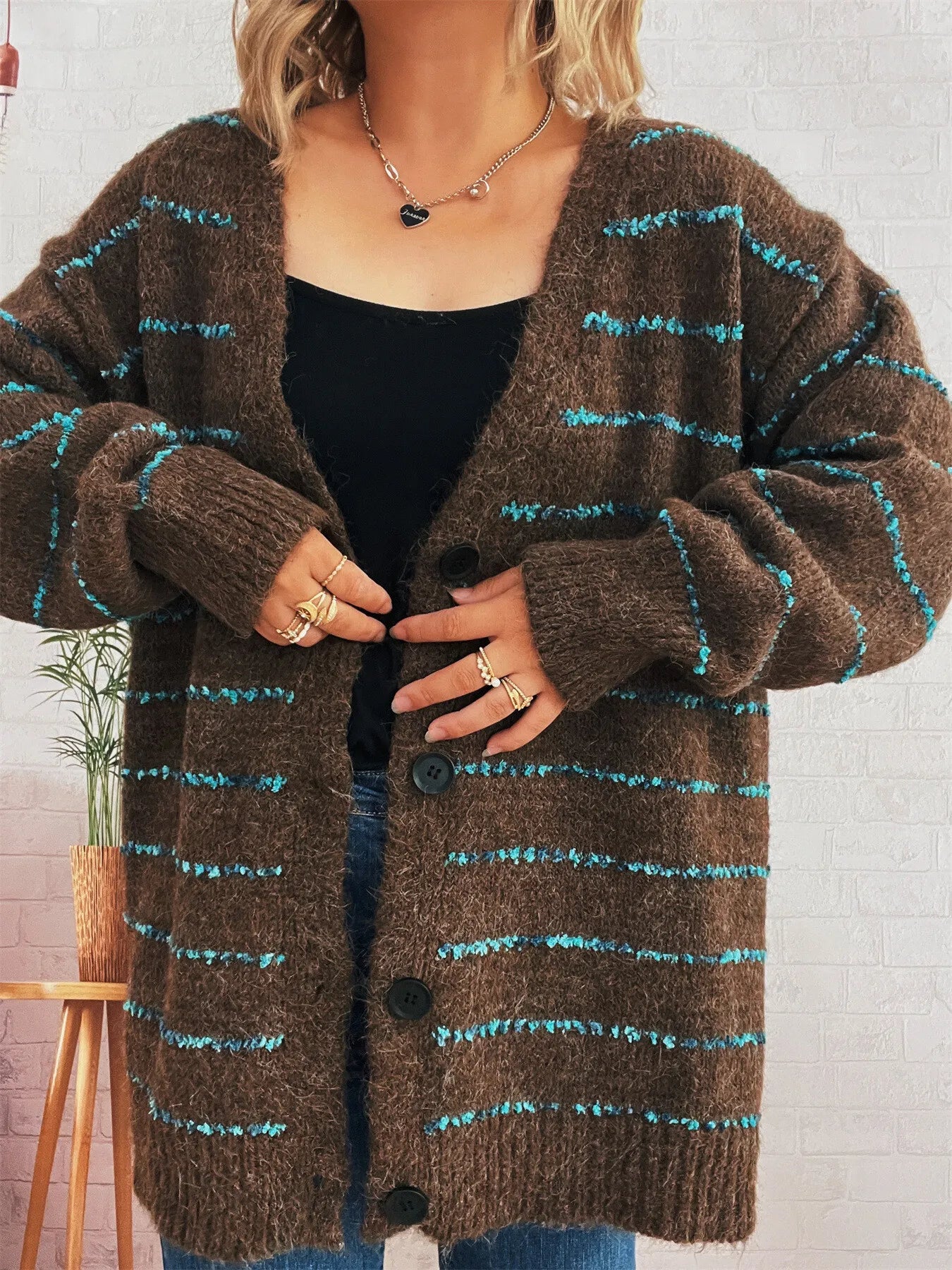 Striped Button-Up Cardigan with V-Neck Design - Fashorio