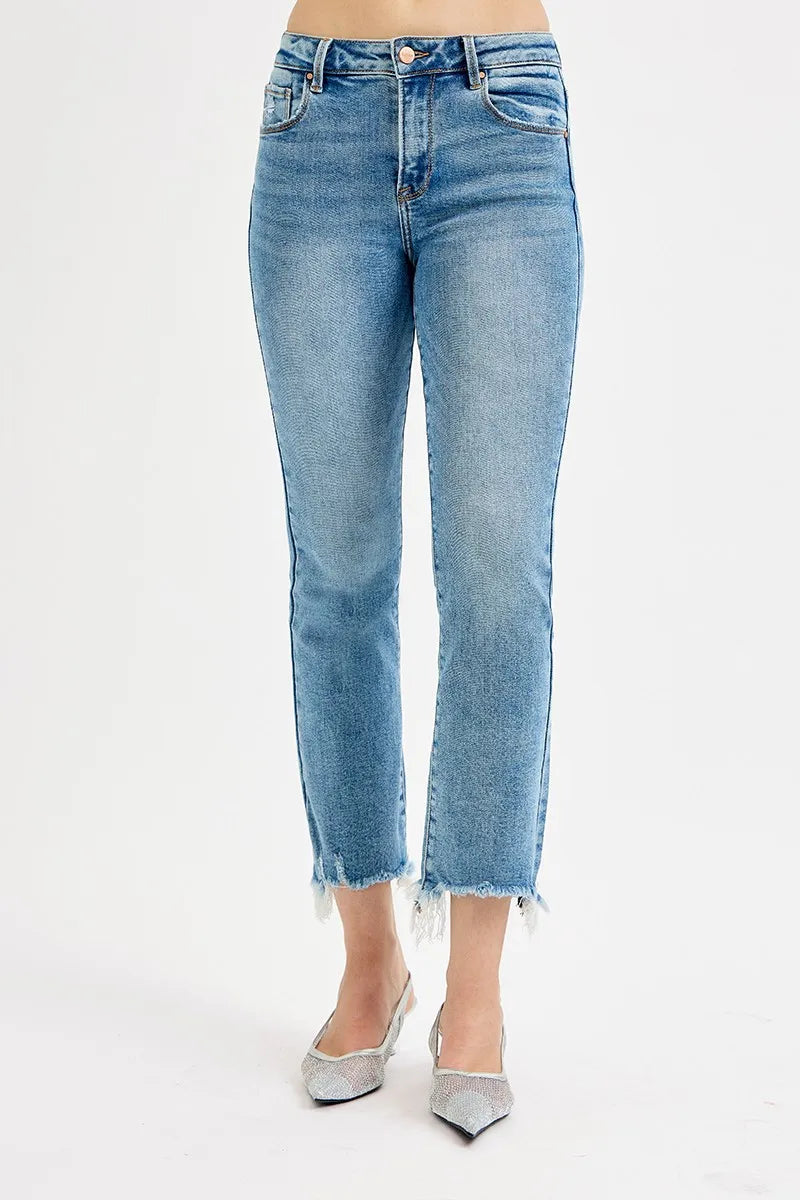 RISEN high rise crop straight jeans medium wash front