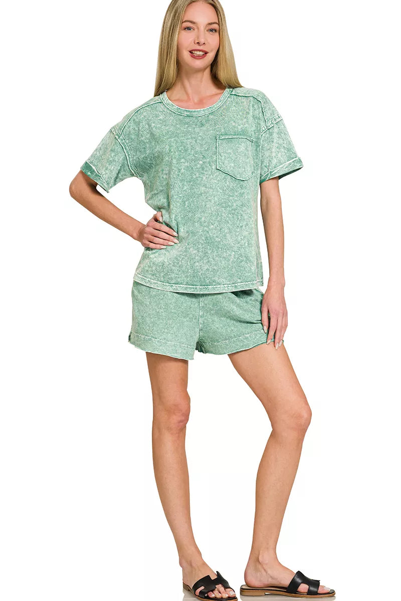 Snow washed top and matching shorts full outfit styled