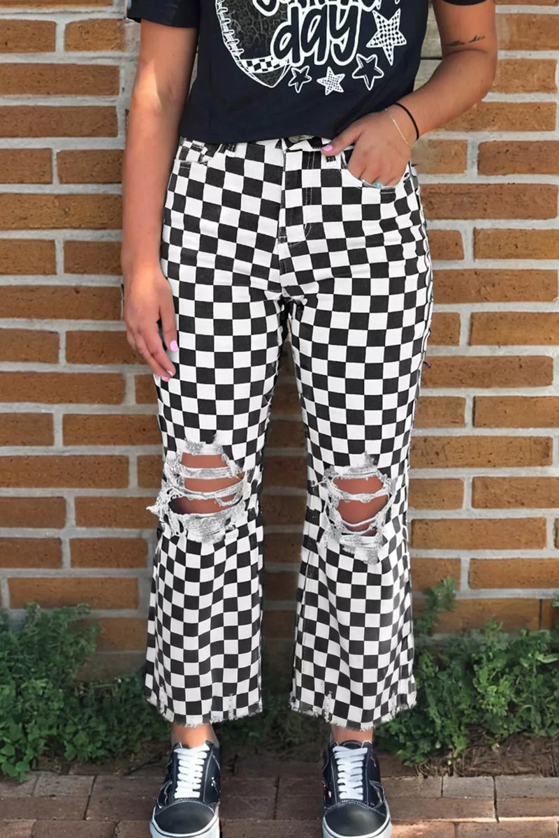 Checkerboard distressed cropped jeans front view