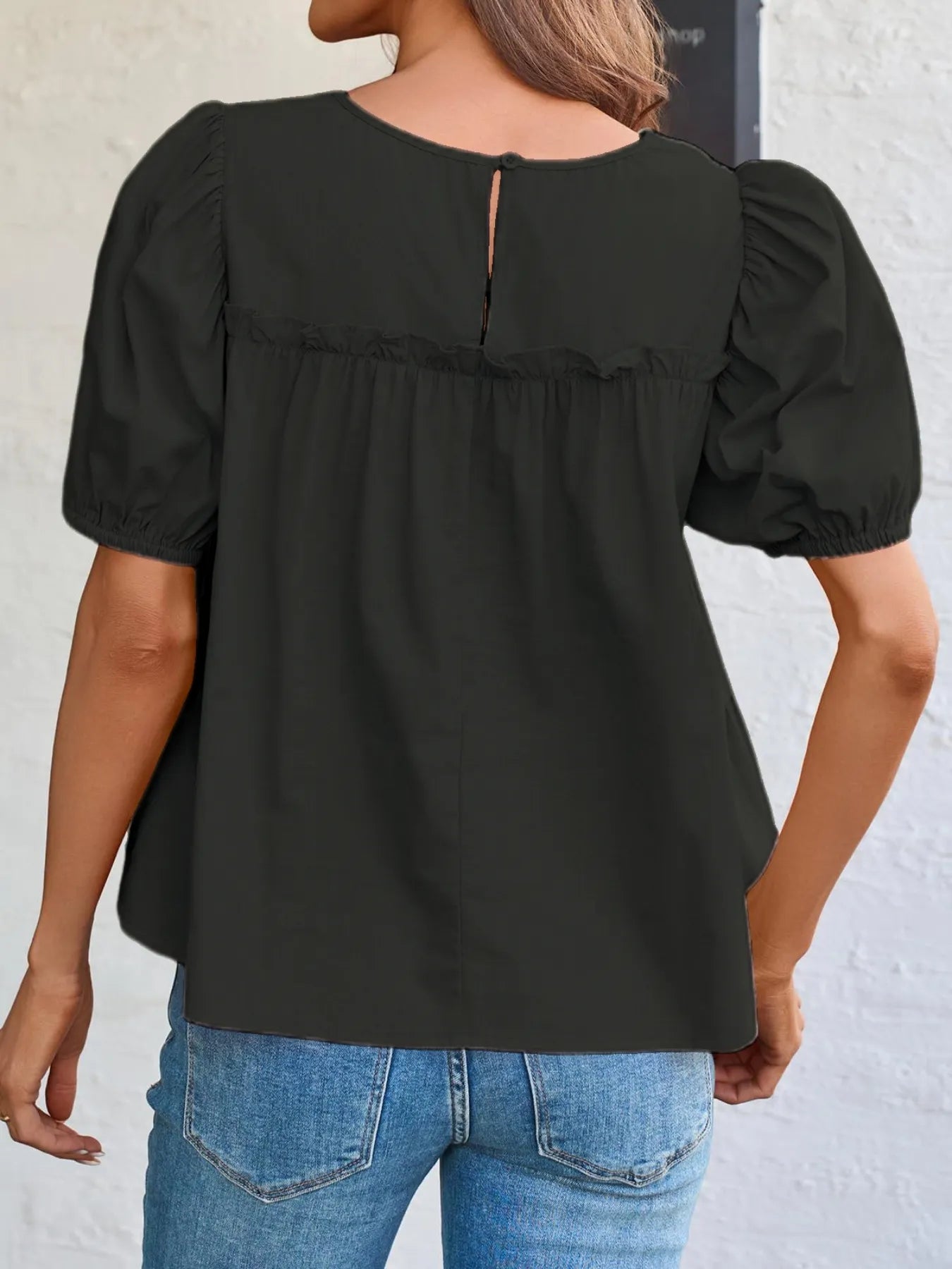 Tiered Round Neck Puff Sleeve Ruched Blouse - Fashorio