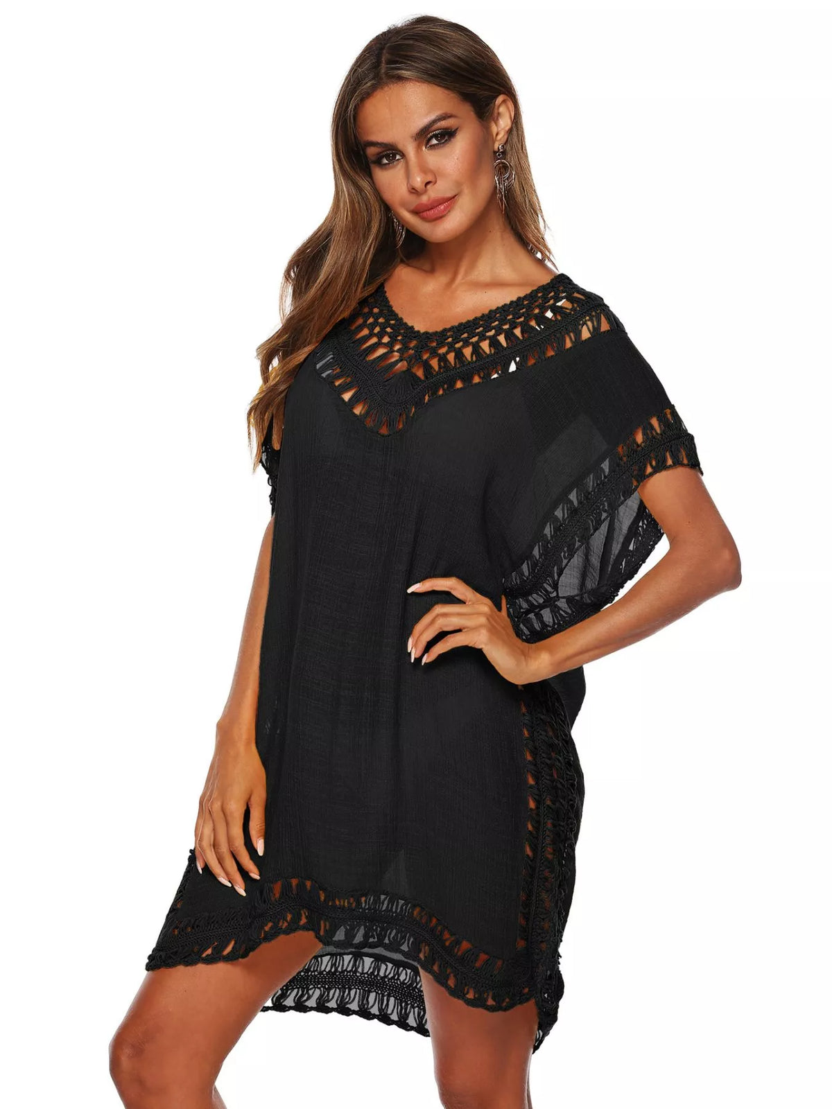 Model in the crochet cover up