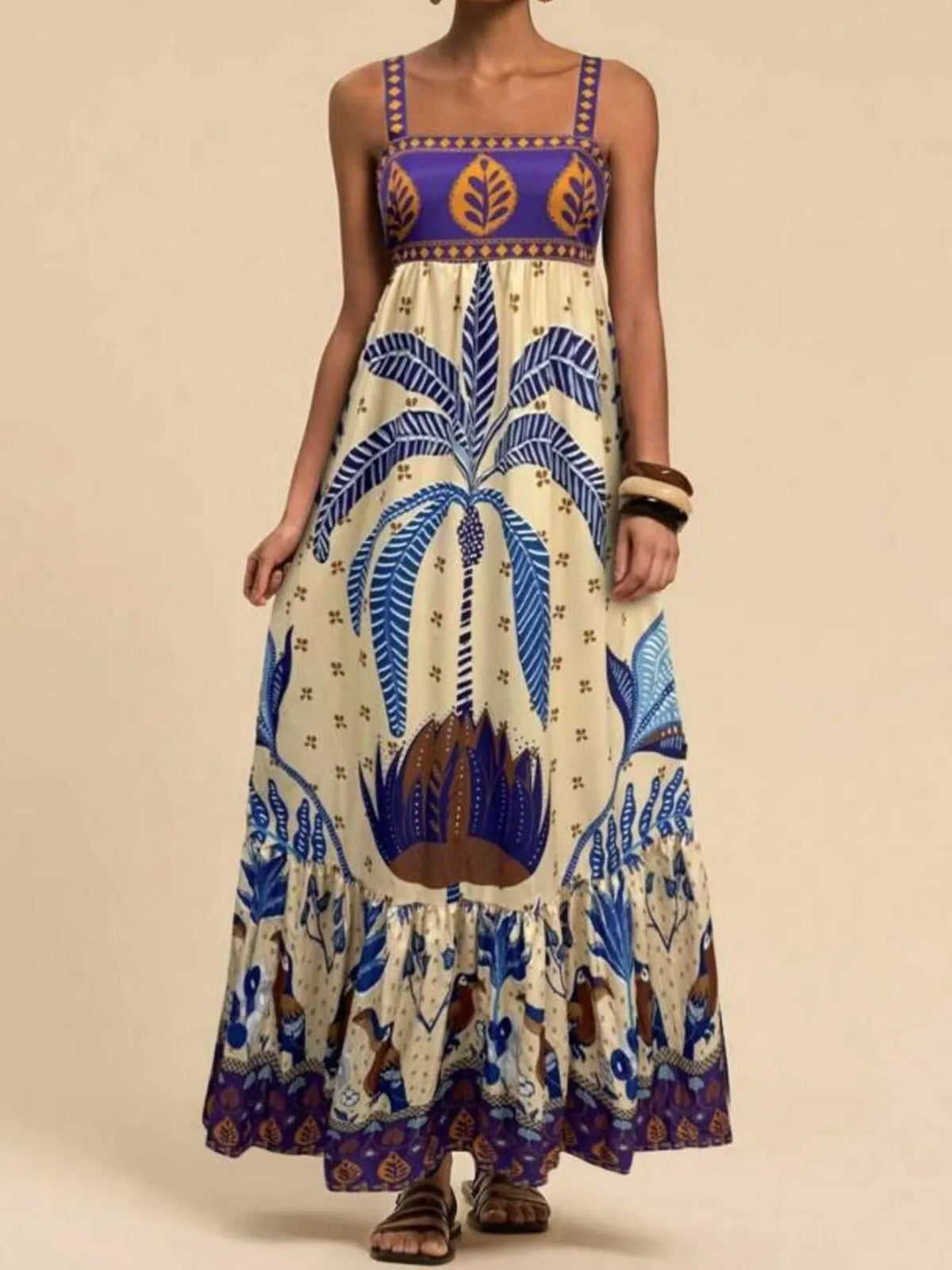 Tropical print maxi cami dress, seated styling view