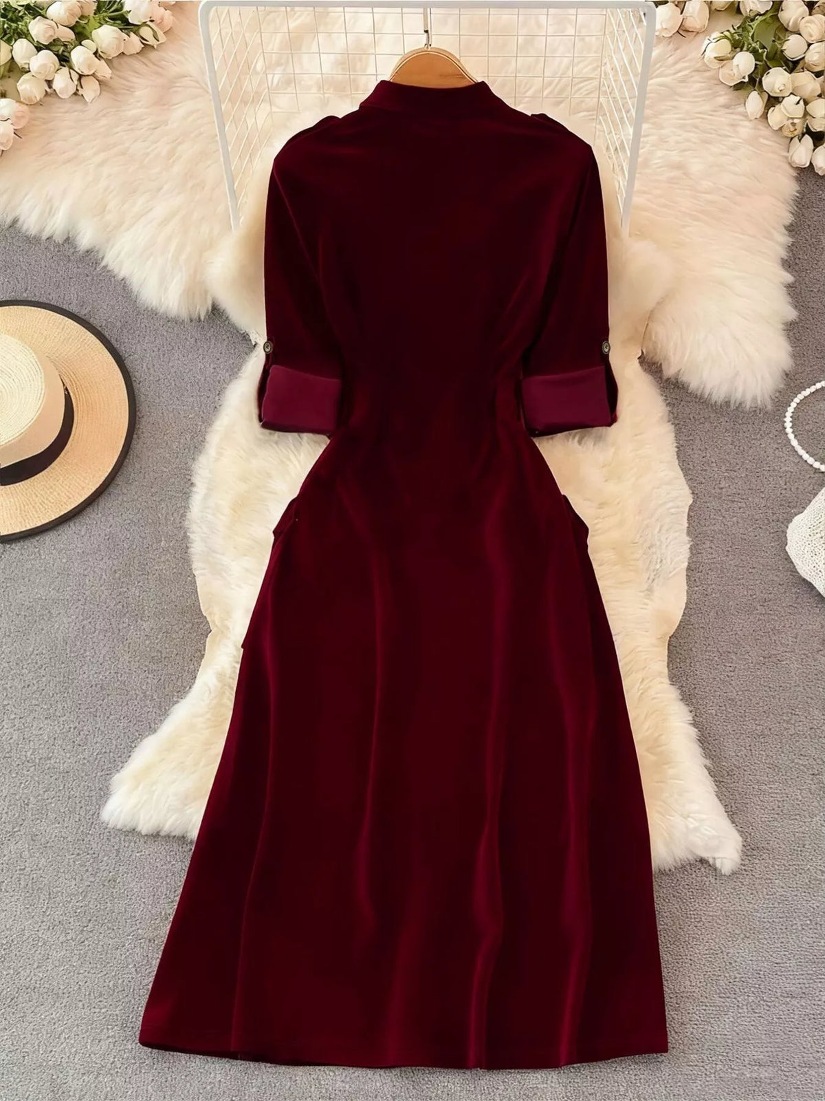 velvet button front midi dress hemline detail