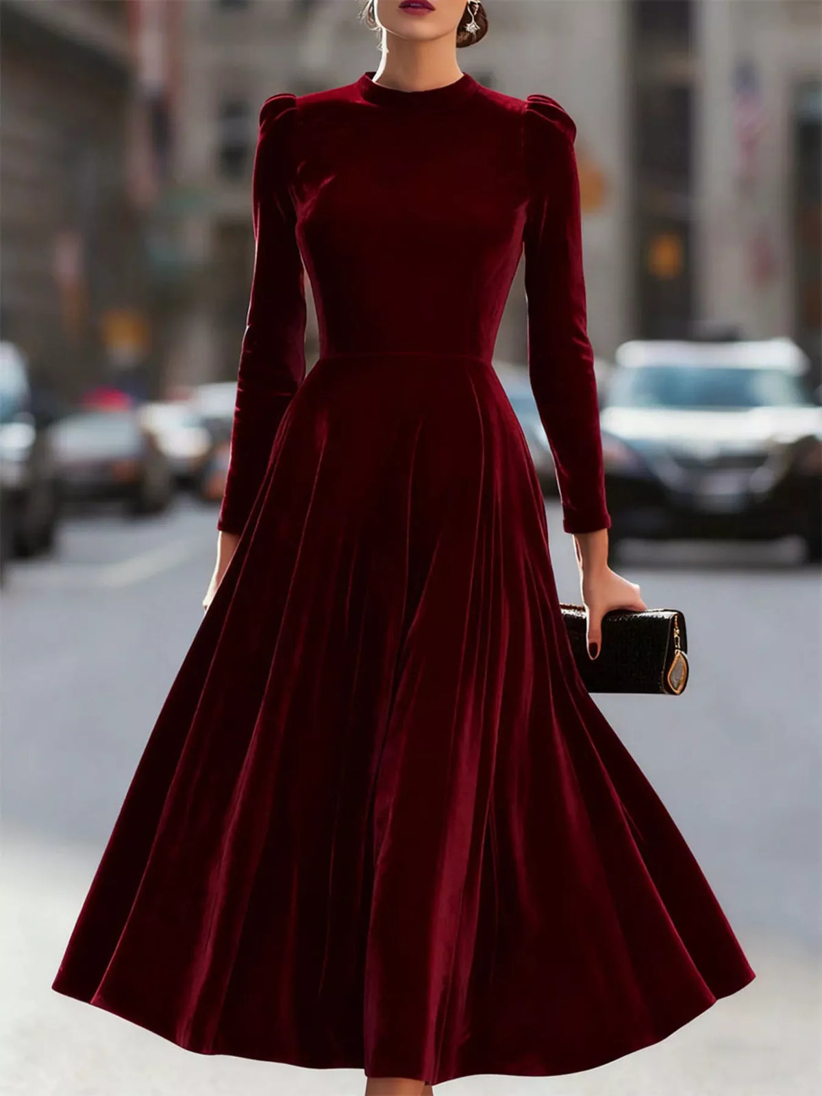 velvet long sleeve A line dress full length view
