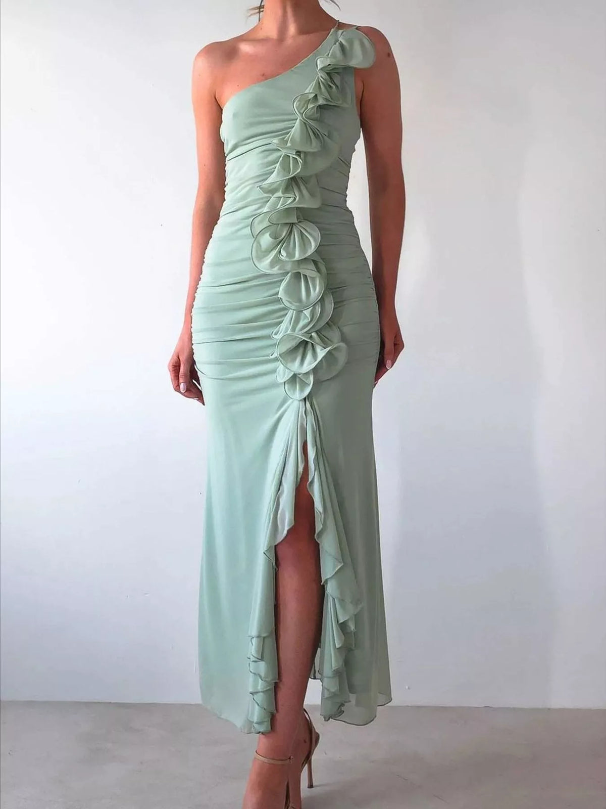 one shoulder ruffle slit dress back view