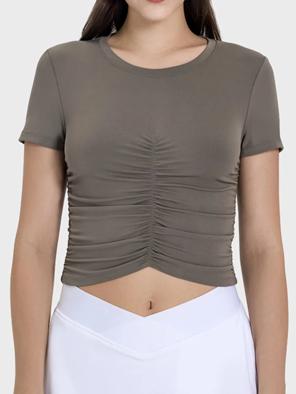 Millennia Ruched Round Neck Short Sleeve Active T-Shirt Mocha - Fashorio