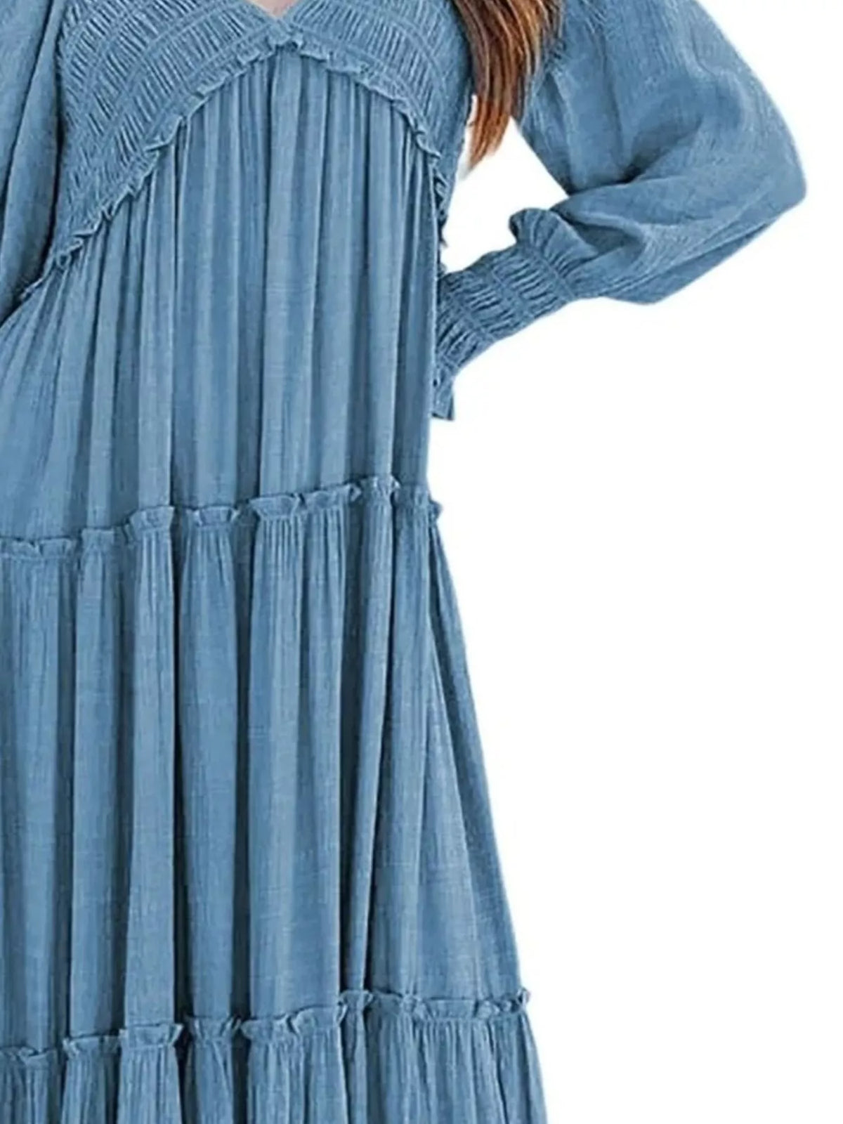 v neck long sleeve tiered maxi dress front view 3
