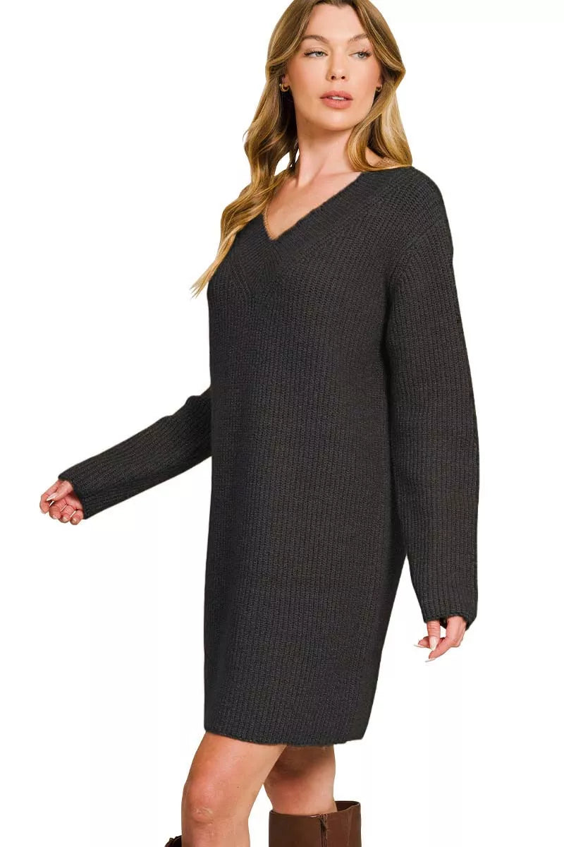 V Neck Ribbed Long Sleeve Sweater Dress in Black back view