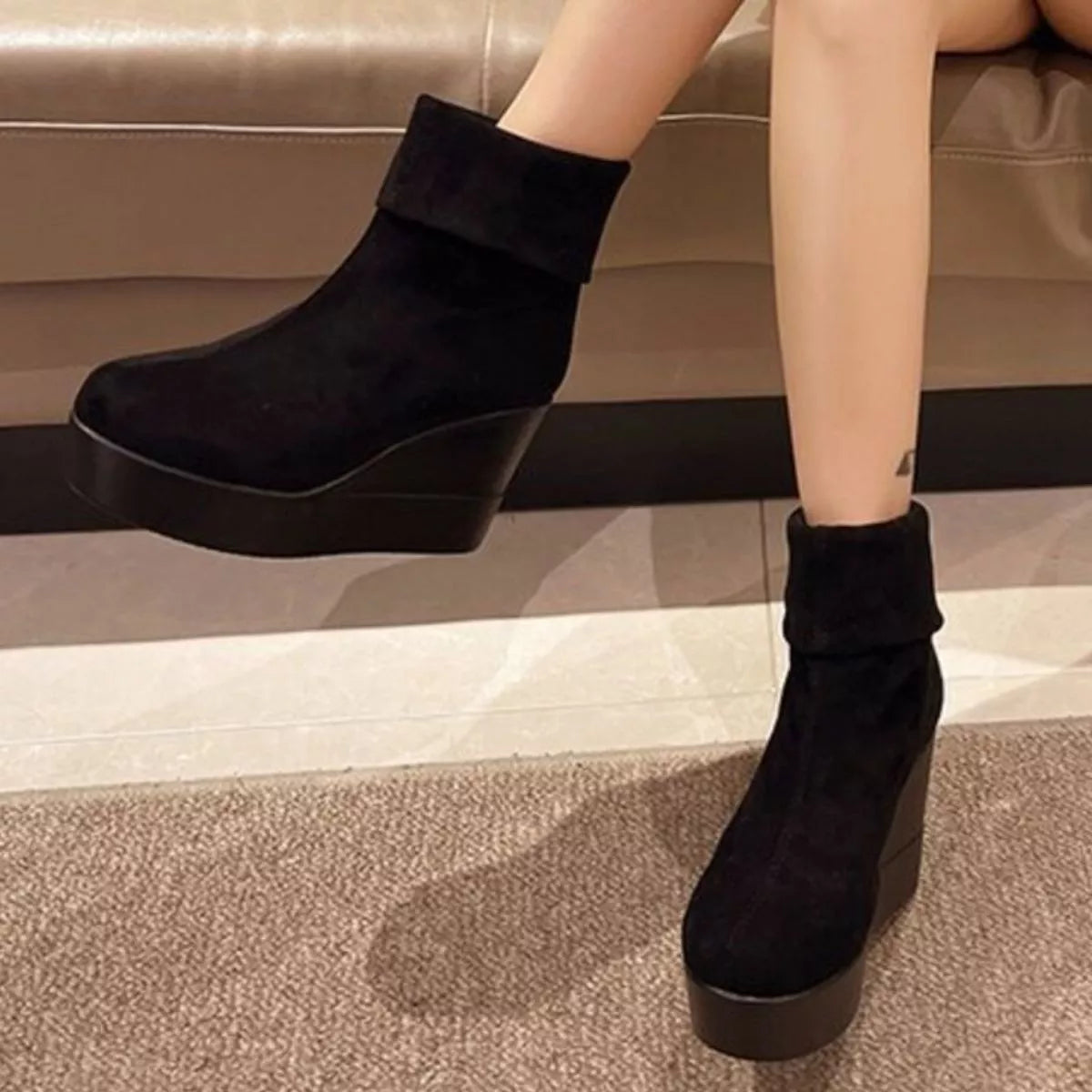 Round Toe Wedge Boots front view