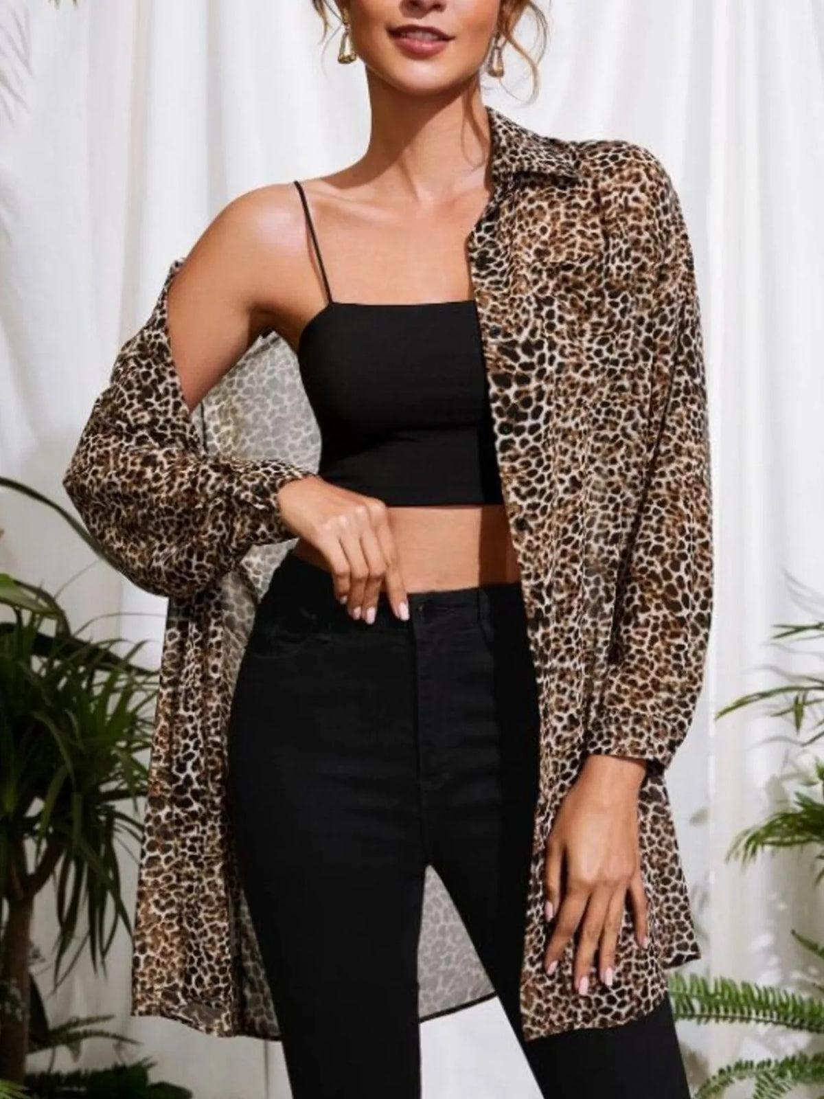 Leopard print oversized button up shirt styling detail