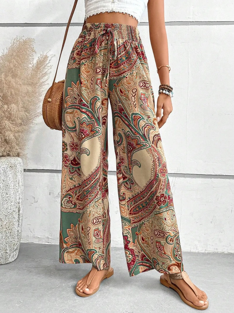 Printed tie waist wide leg pants front view