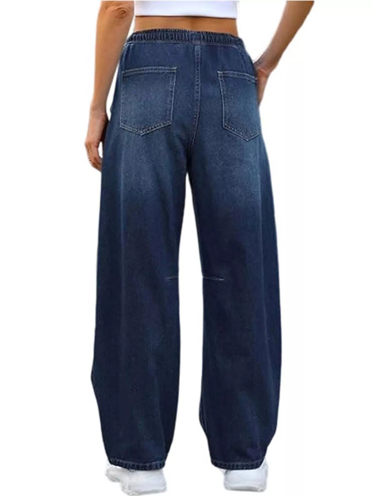Back view of elastic waist wide leg jeans