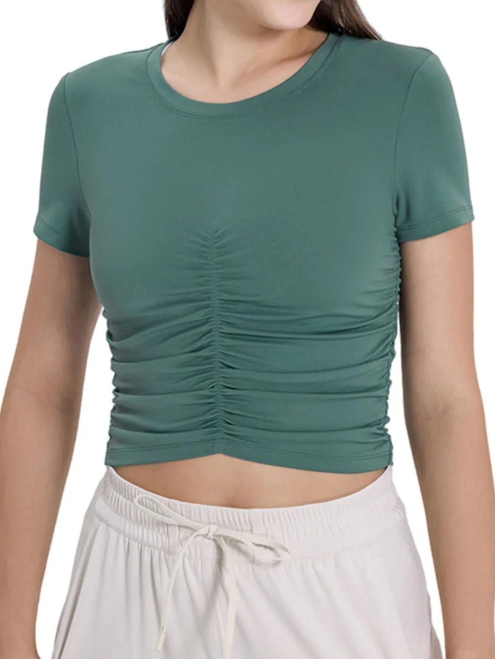 Millennia Ruched Round Neck Short Sleeve Active T-Shirt - Fashorio